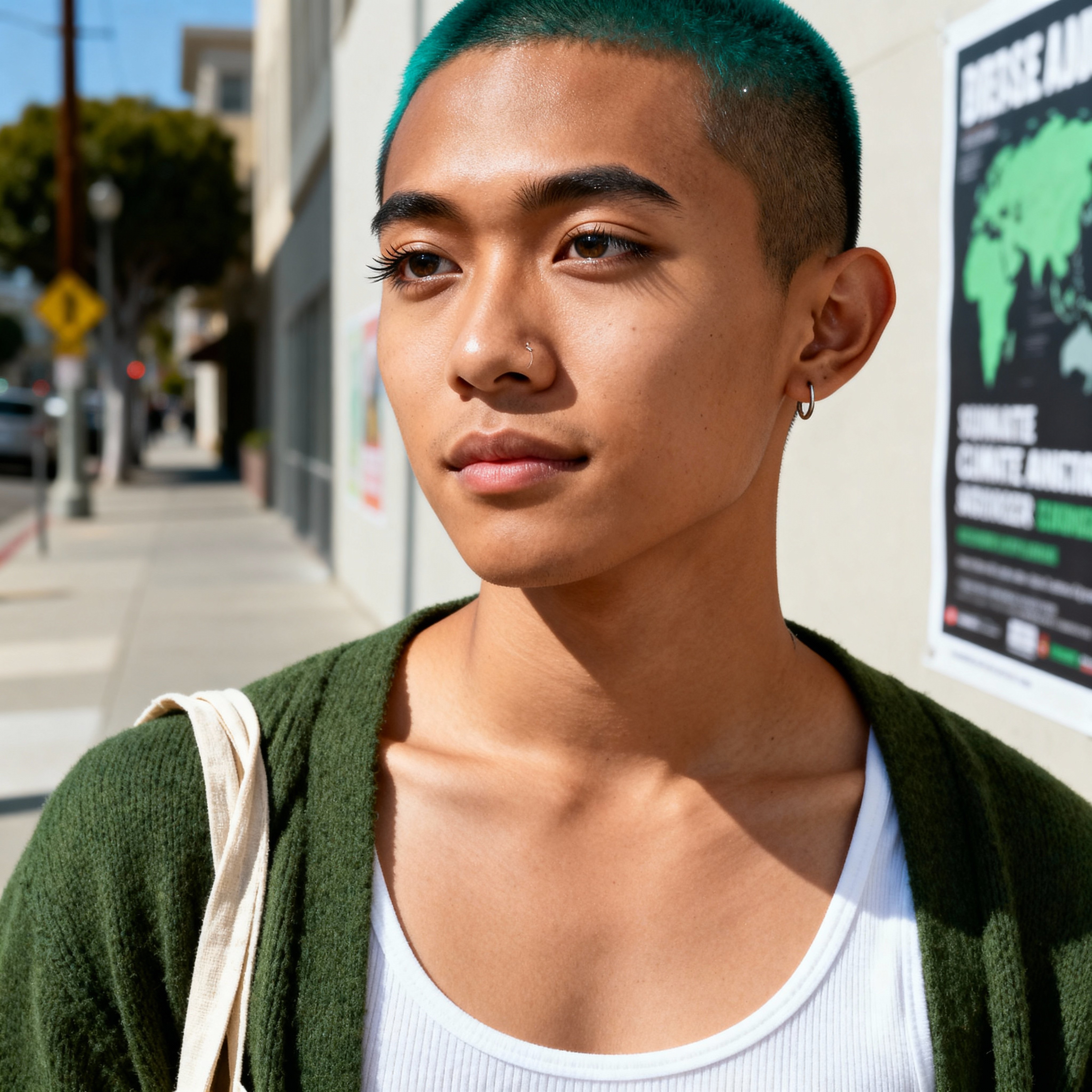 A calm, resolute 22-year-old Vietnamese American nonbinary climate organizer headshot showing a moss-green cardigan, white tank, recycled beige tote, warm olive skin and teal undercut against a neutral city blur.