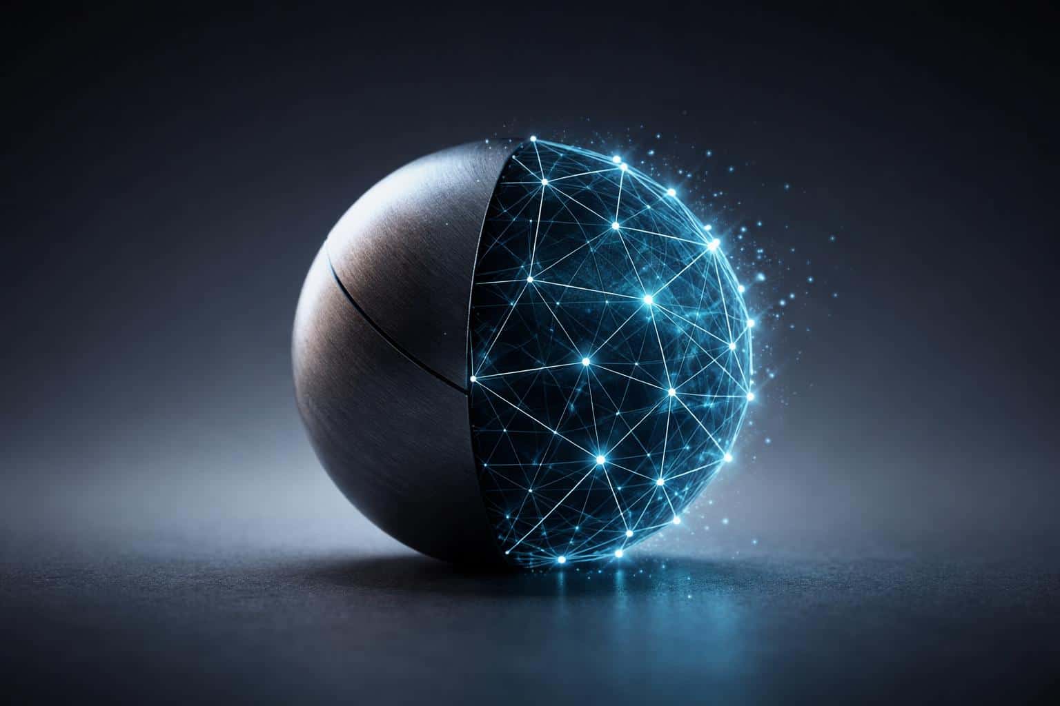 Photographic product study of a real object visibly morphing into a 3D wireframe, composed for poster-cover use and framed within a 3:2 aspect ratio for print or display.