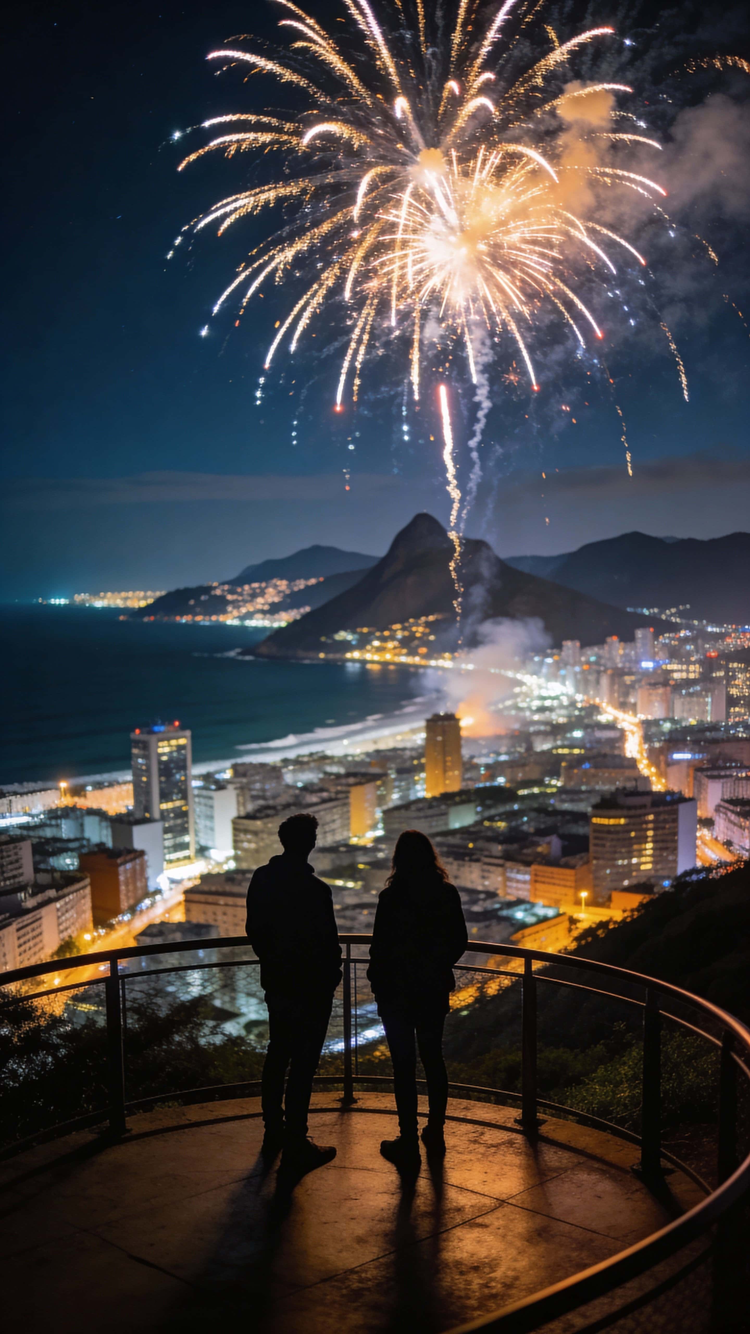 Vertical 9:16 night scene of a hilltop observation deck centered in frame with two human silhouettes at mid-ground, fireworks bursting over a lit city, distant mountains and coastline visible.