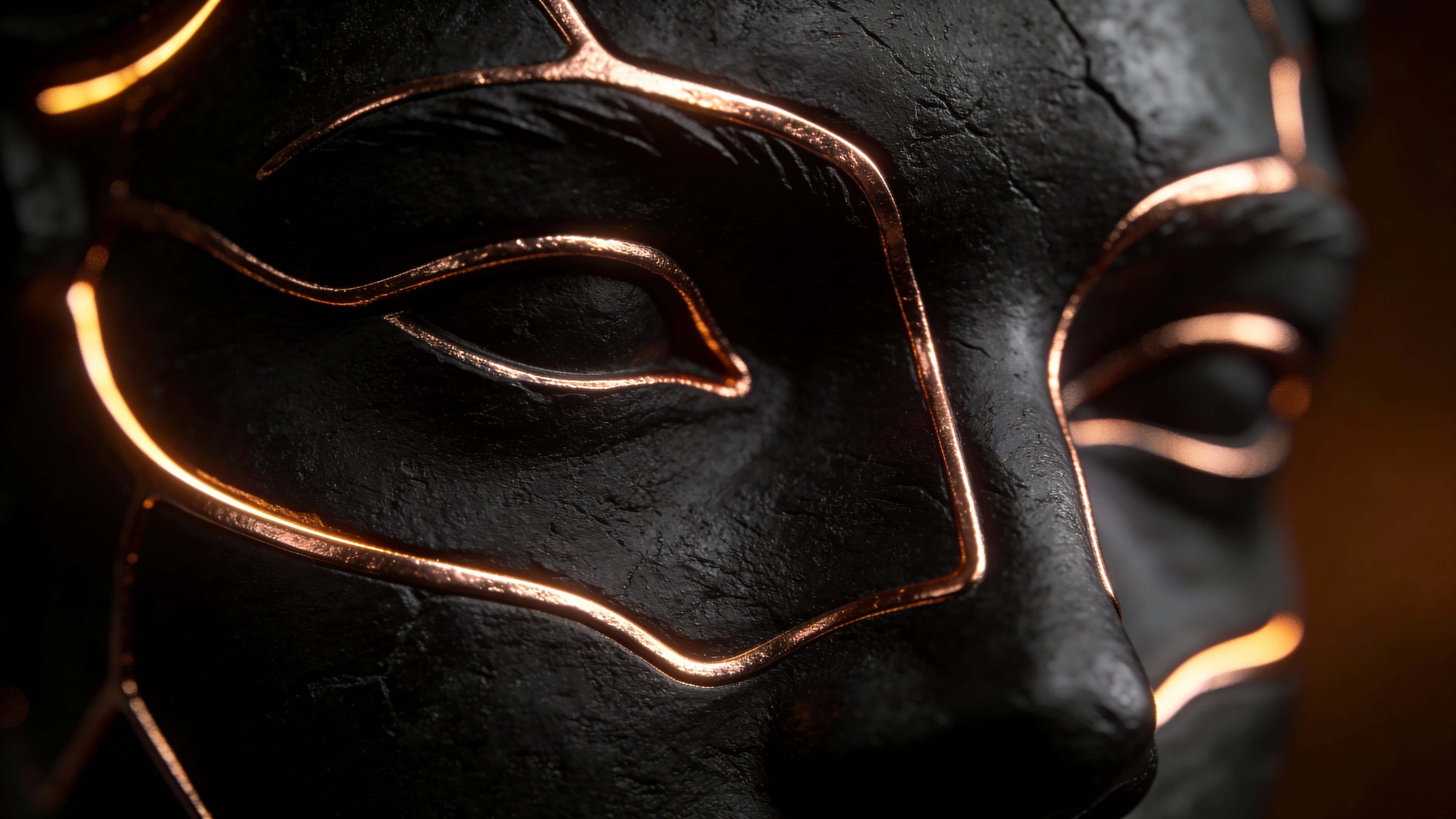 A matte obsidian face sculpted with precise glowing copper and bronze contour lines tracing natural geometry, set against a warm, low-key background for depth, framed in 16:9.