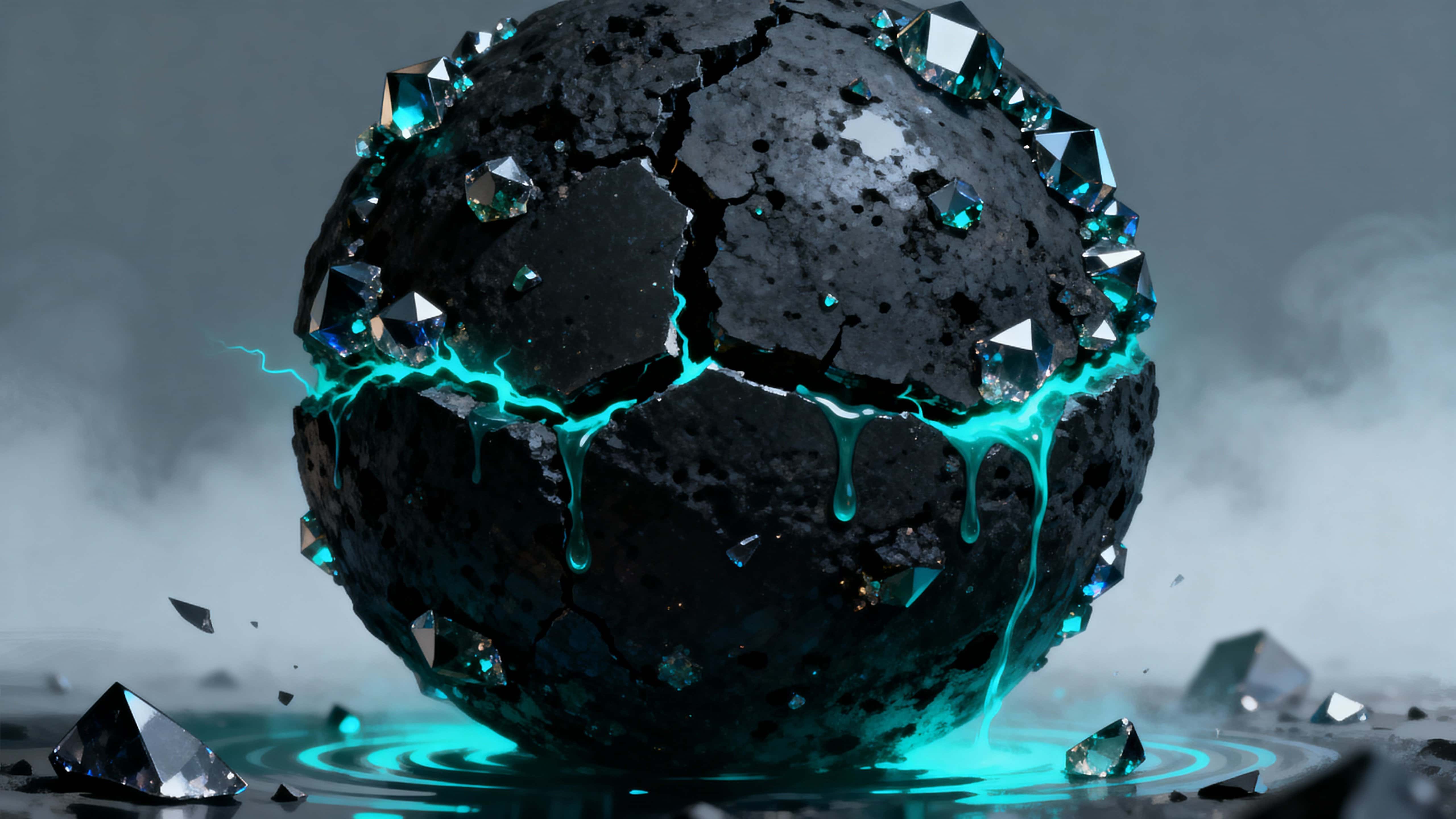 A cracked obsidian sphere sits centered in a 16:9 frame, thin turquoise energy seeping through crystalline fractures and casting cool, refracted highlights across a dark matte surface.