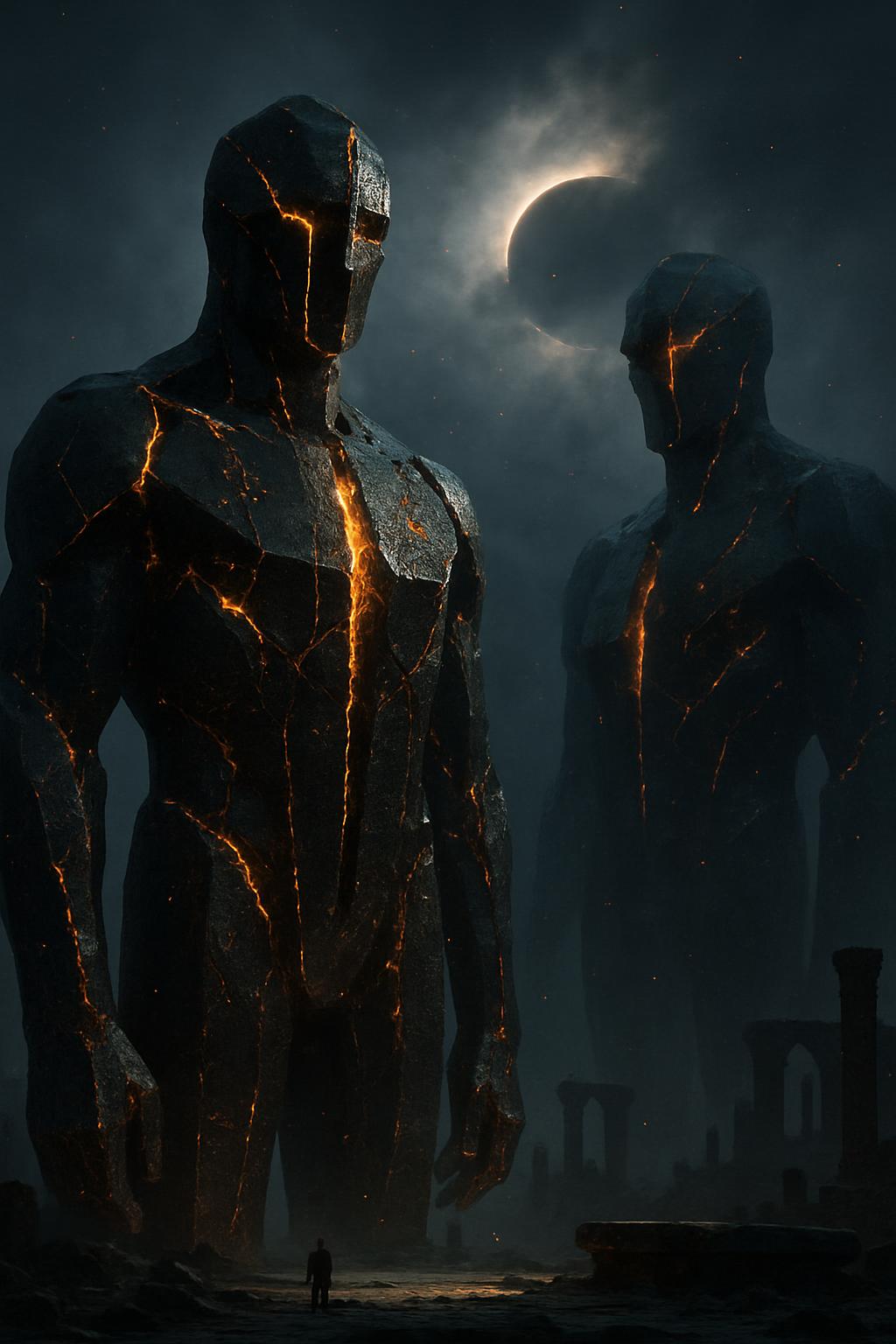 Monumental, hyperreal figures of obsidian and starlight stand like fallen gods, their fractured forms traced by molten-gold and ember-red veins. Moonbeams and eclipse halos carve the darkness, while ash and spectral haze drift through scorched crystal and rune-cut metal surfaces.