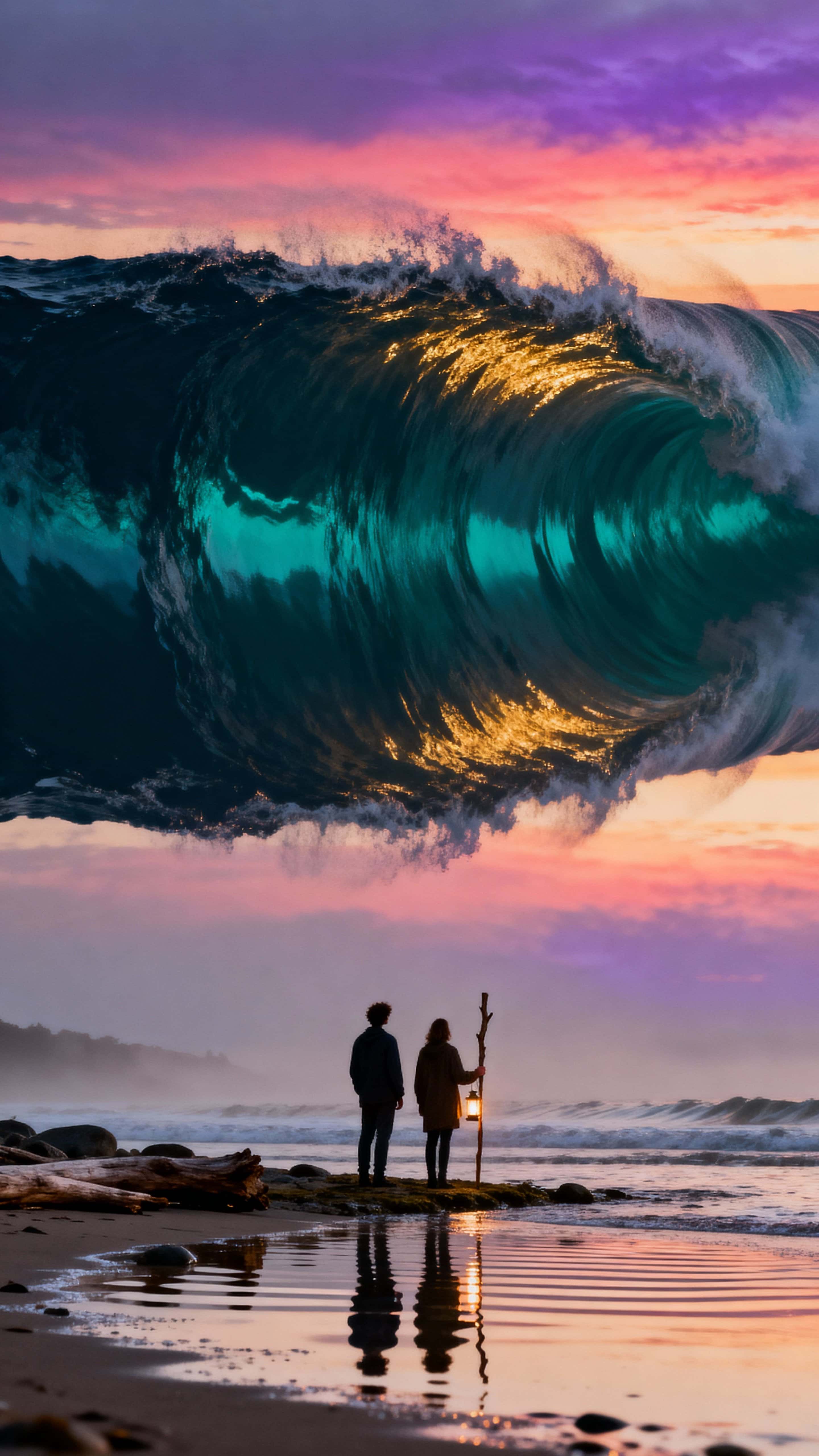 Two figures stand beneath an inverted ocean that hangs like a second sky, with waves suspended and glowing from sunset light in a tall 9:16 portrait crop framed tightly around them.