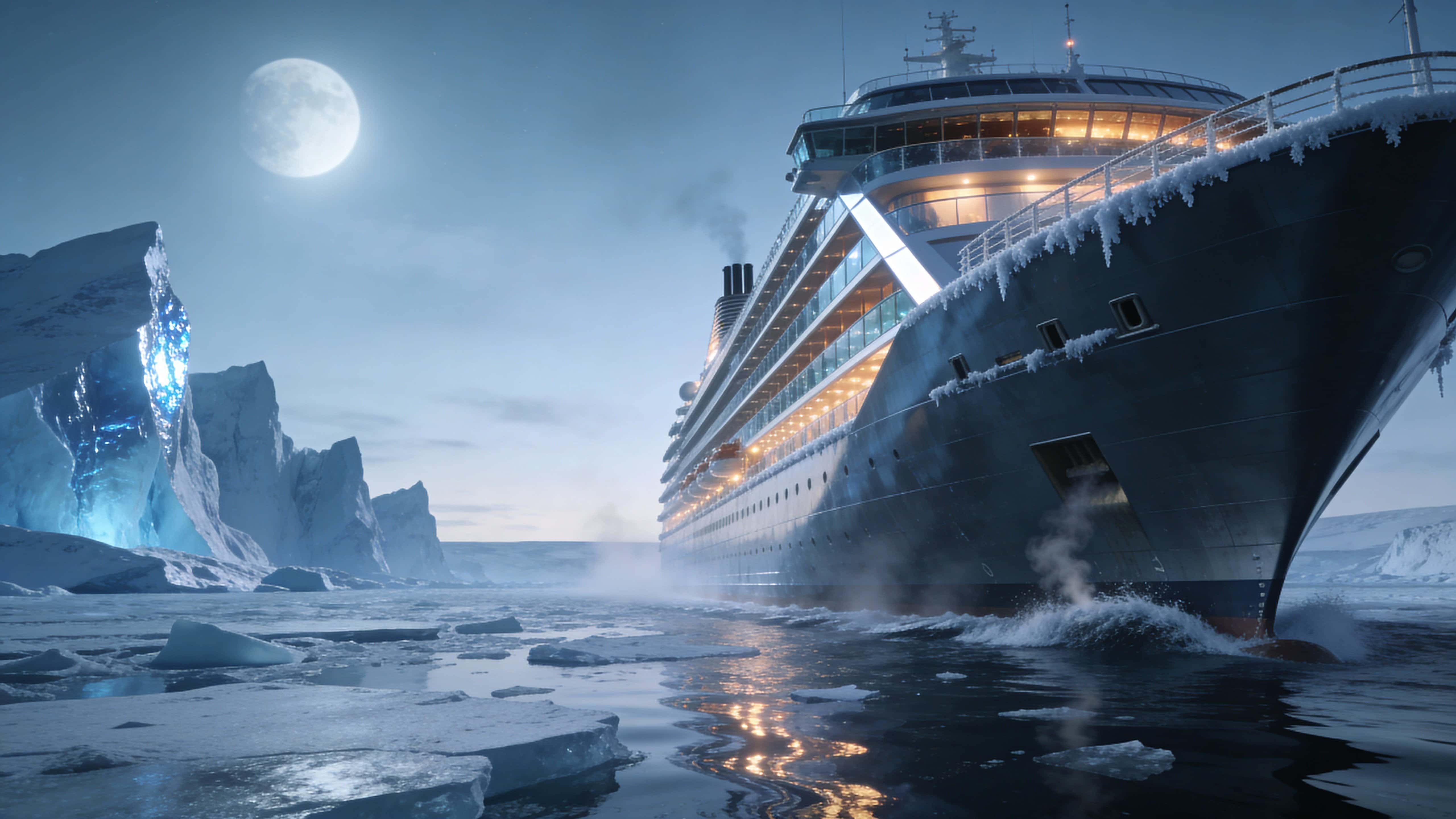 Photoreal night scene of a modern ocean liner weaving between towering icebergs under a cold moon, fog and reflected lights heighten the tense, cinematic mood.