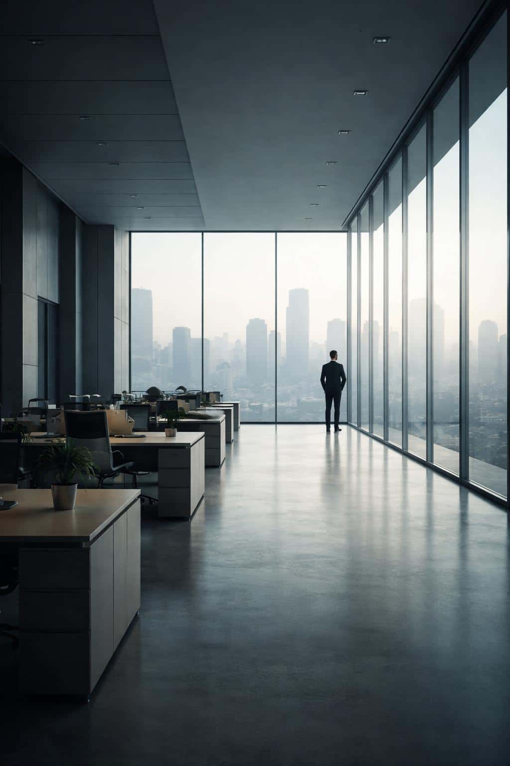 Panoramic interior photograph of a modern office floor with one person by a glass wall, composed for a 2:3 poster-cover with calm, minimalist mood.