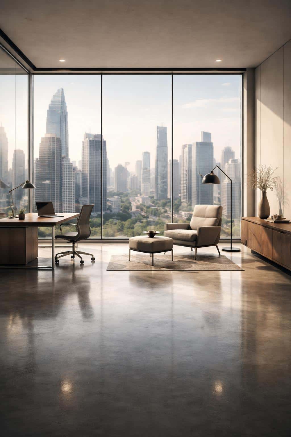 Wide 2:3 office interior photograph showing glass walls that reveal a city skyline, modern furnishings, and deliberate negative space for poster or background use.