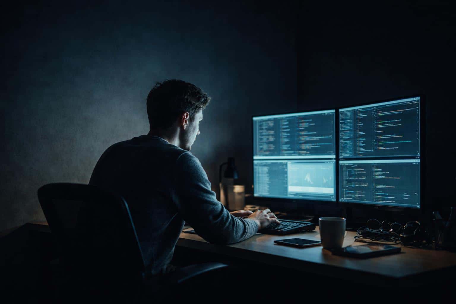 Late-night 3:2 office scene showing a single worker at a desk surrounded by glowing data screens and cables, cinematic low-key lighting, cool color bias, and focused isolation.