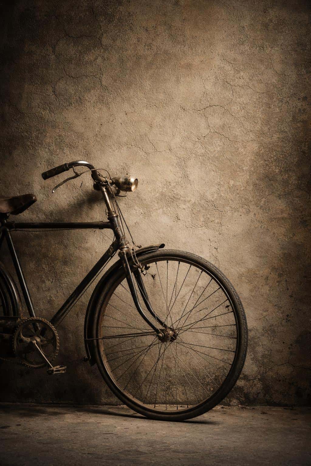 Old bicycle leaning against a weathered textured wall, shot in a 2:3 portrait ratio as a moody fine-art still-life for poster use with warm soft side light.