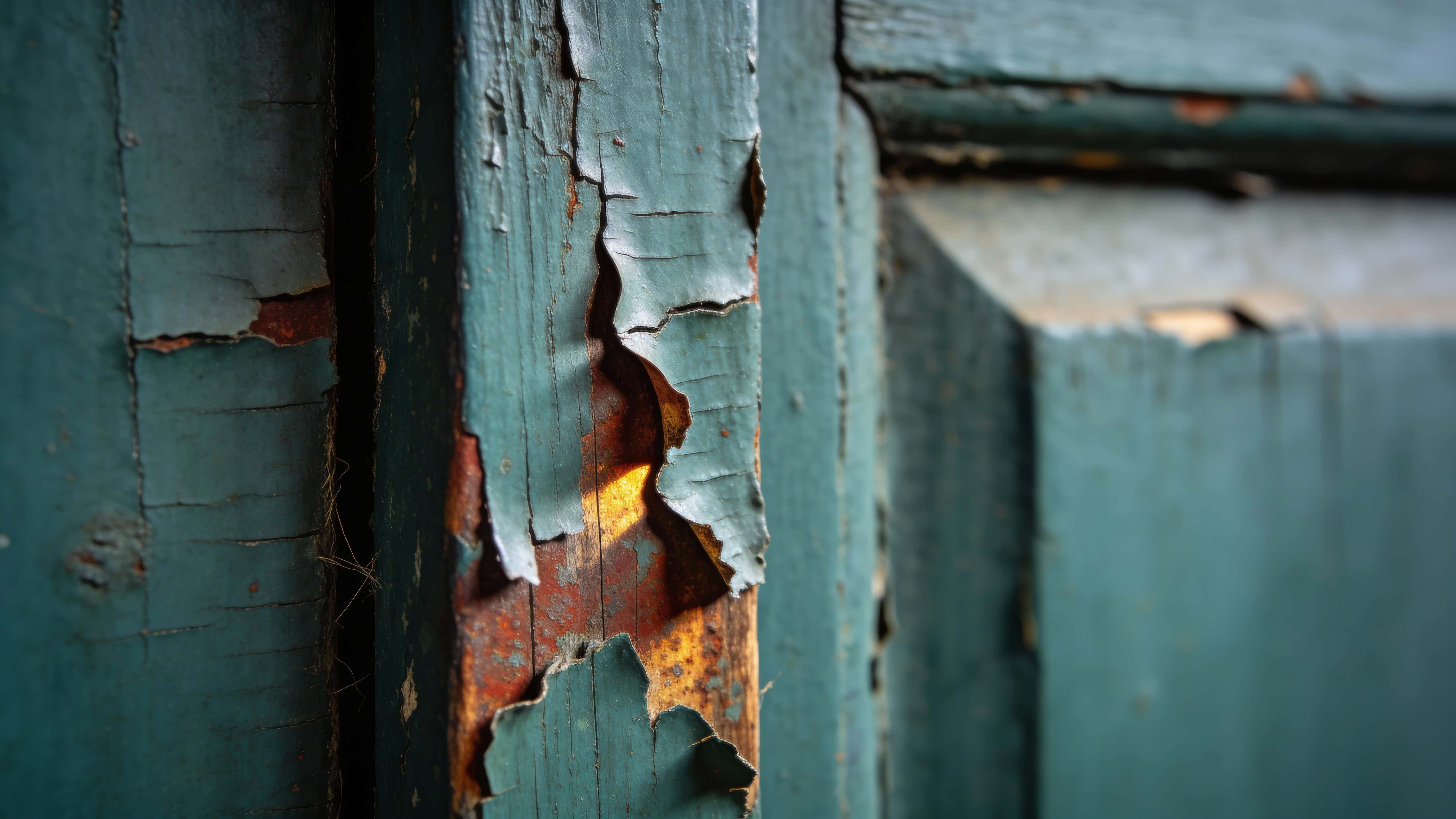 Close-up study of peeling paint on an old wooden door, photographed as a textured, cinematic 16:9 wallpaper-ready image with rich tactile detail and sheen.