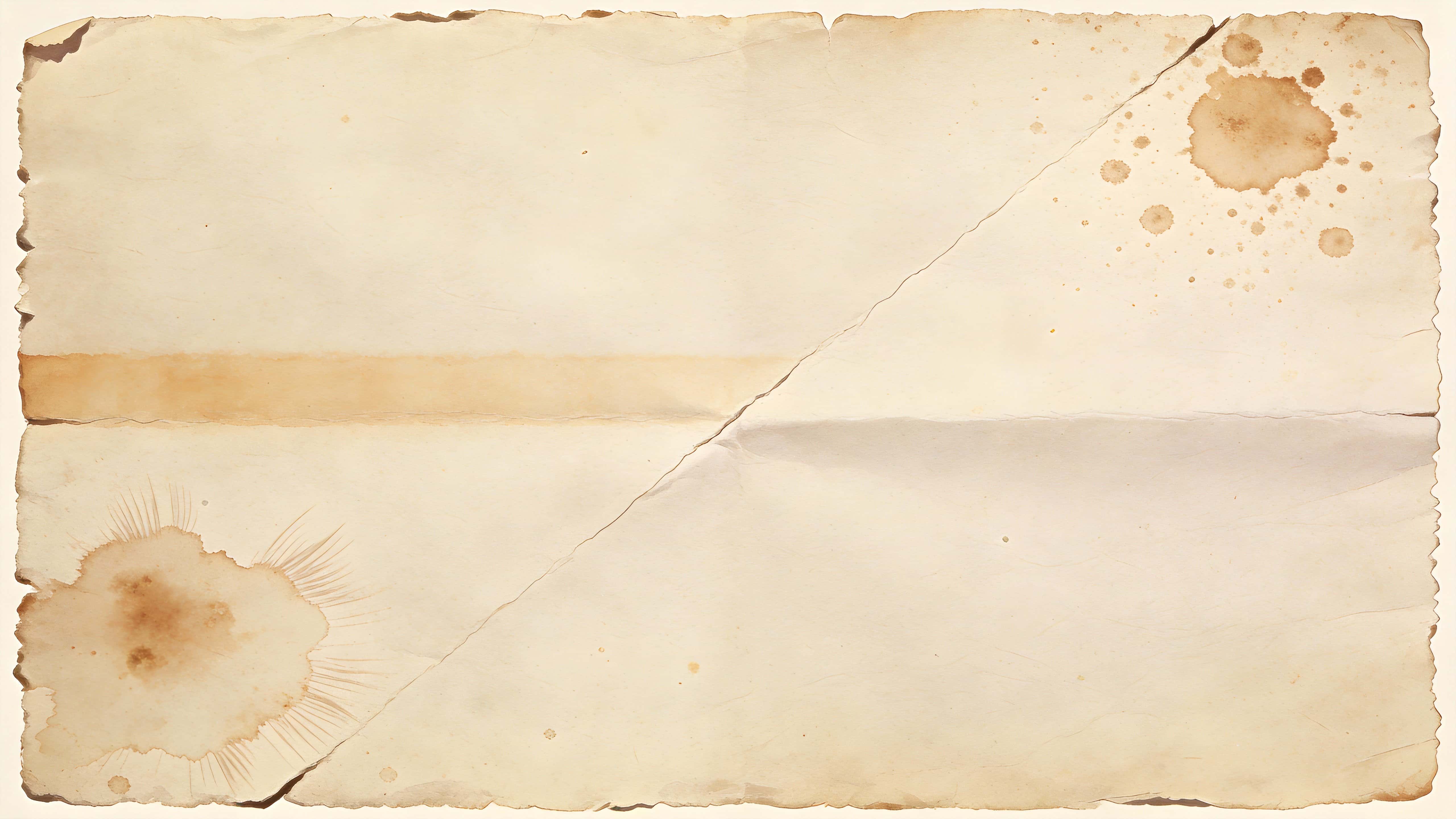 Wide 16:9 old paper texture in digital-painting style with stains, creases, deckled edges and subtle fibre grain for use as a background or wallpaper image.