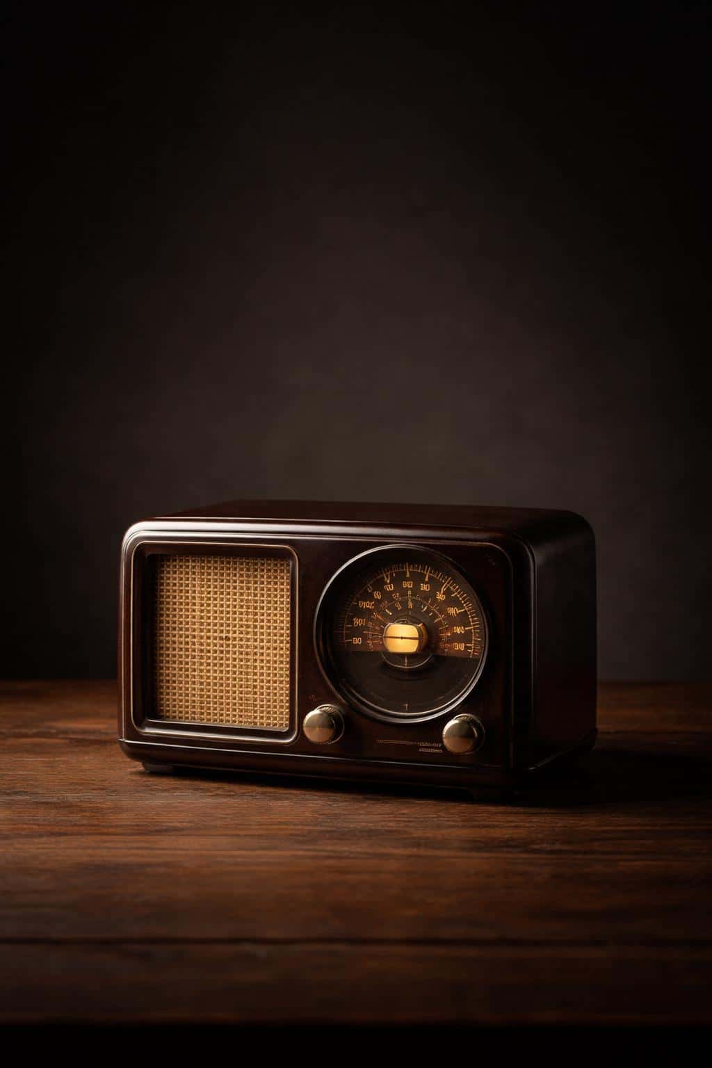 A vintage radio sits alone on a textured wooden table in a moody product-photography still life, composed for a vertical 2:3 poster-cover with low-key lighting.