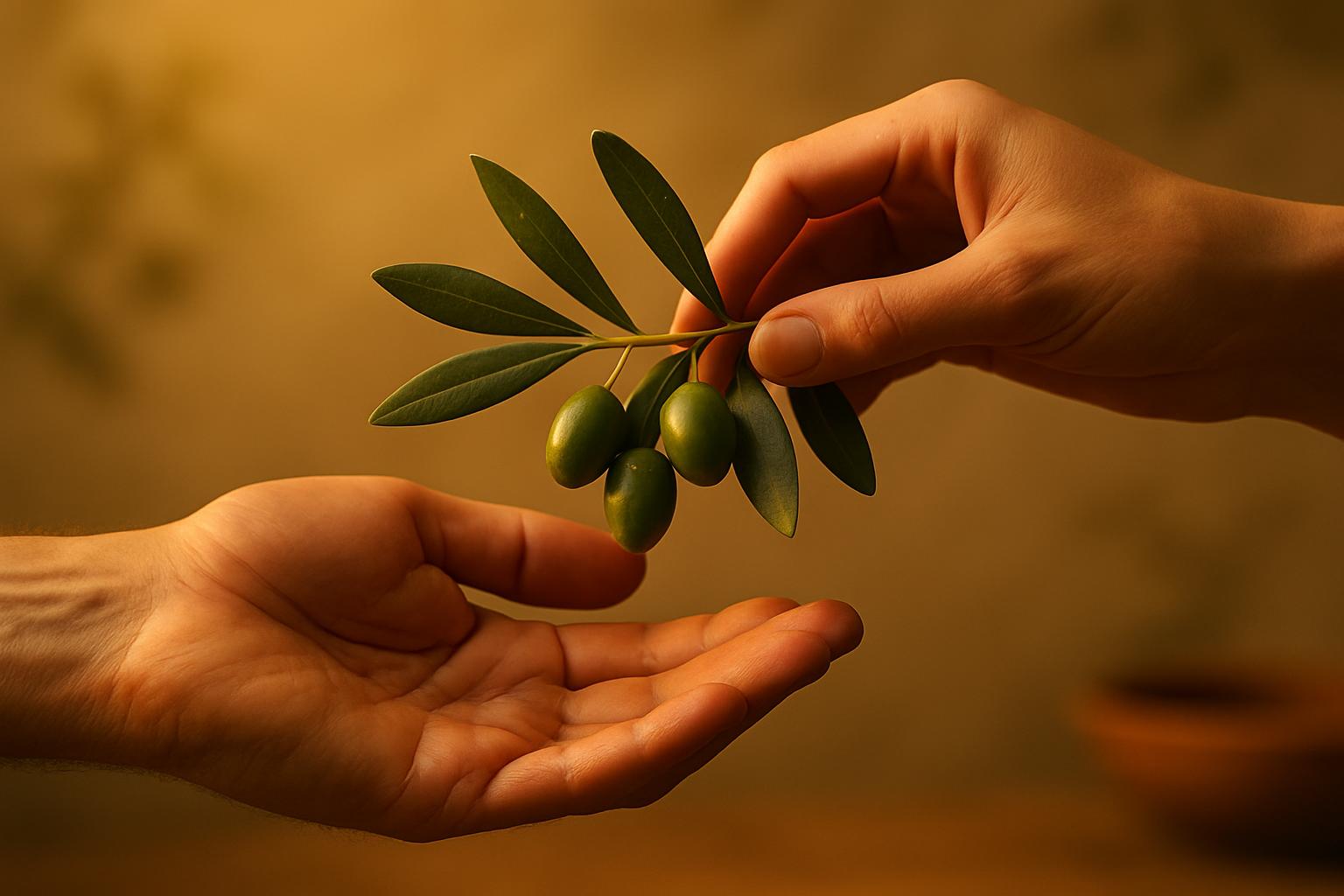Two human hands meet across a narrow void, joined by a freshly picked olive branch that arcs between them; warm golden light and soft-focus surroundings evoke reconciliation, quiet forgiveness and a gentle return to nature.