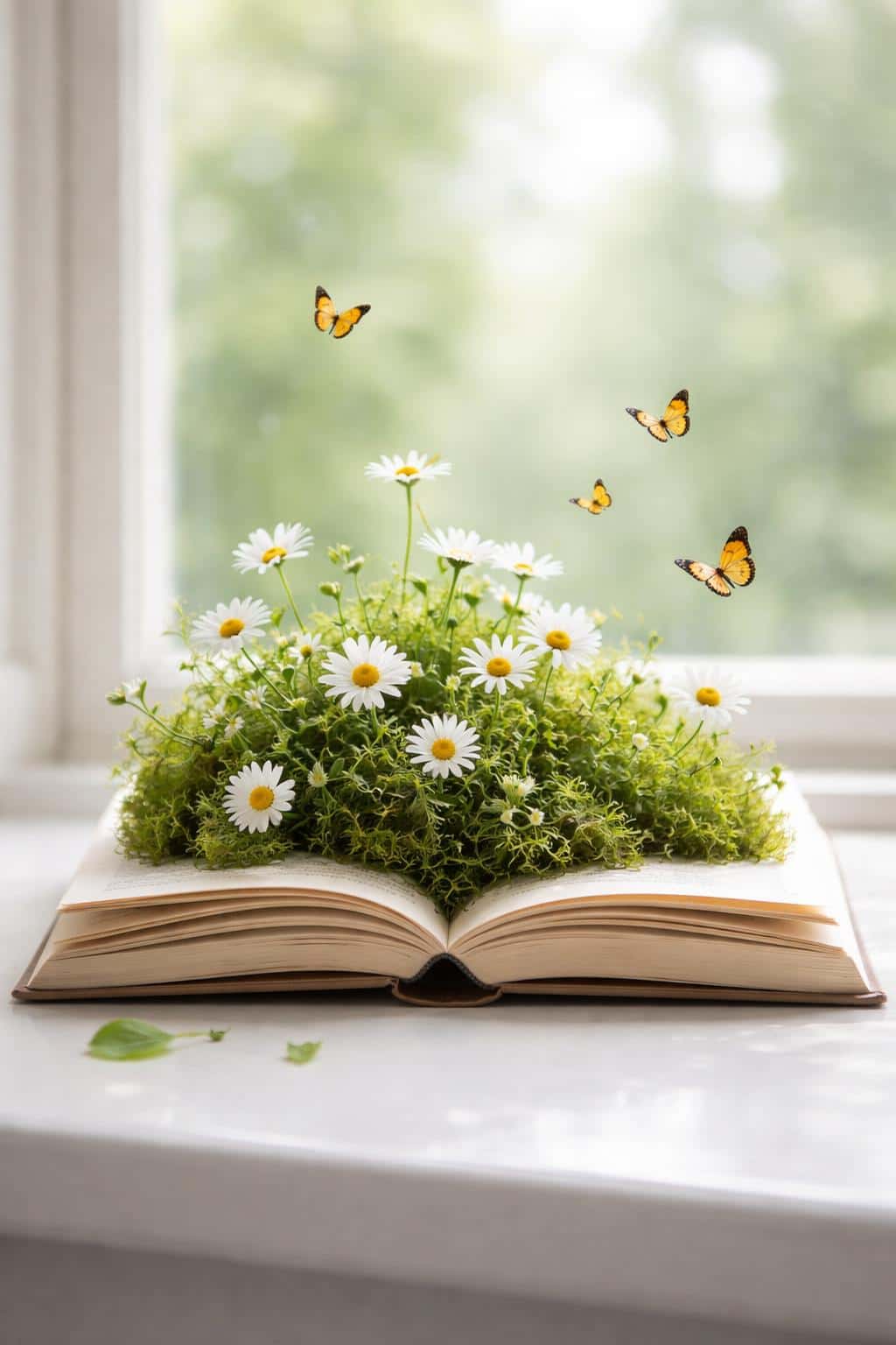 A whimsical macro photograph of an open book with moss and daisies growing from its pages, set against a bright window for an enchanting tabletop wallpaper.