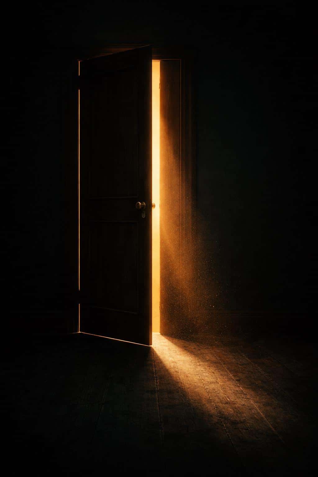 A moody fine-art photograph of an open door framing a shaft of warm light from darkness, composed at a 2:3 portrait ratio for poster or cover use.