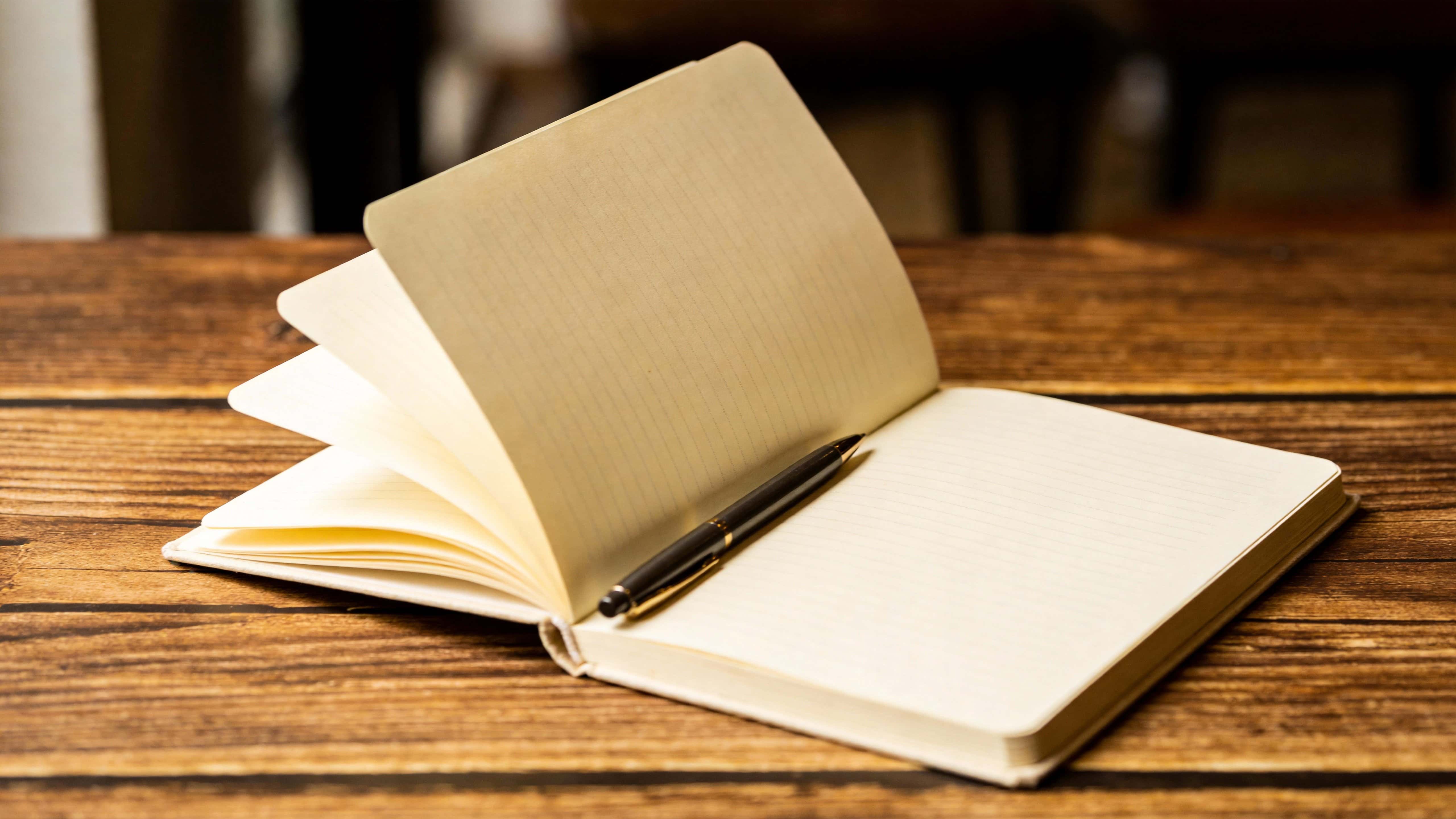 A 16:9 composition showing an open notebook resting on a warm wooden table, framed to include the full spread and a nearby pen, emphasizing paper texture and wood grain.
