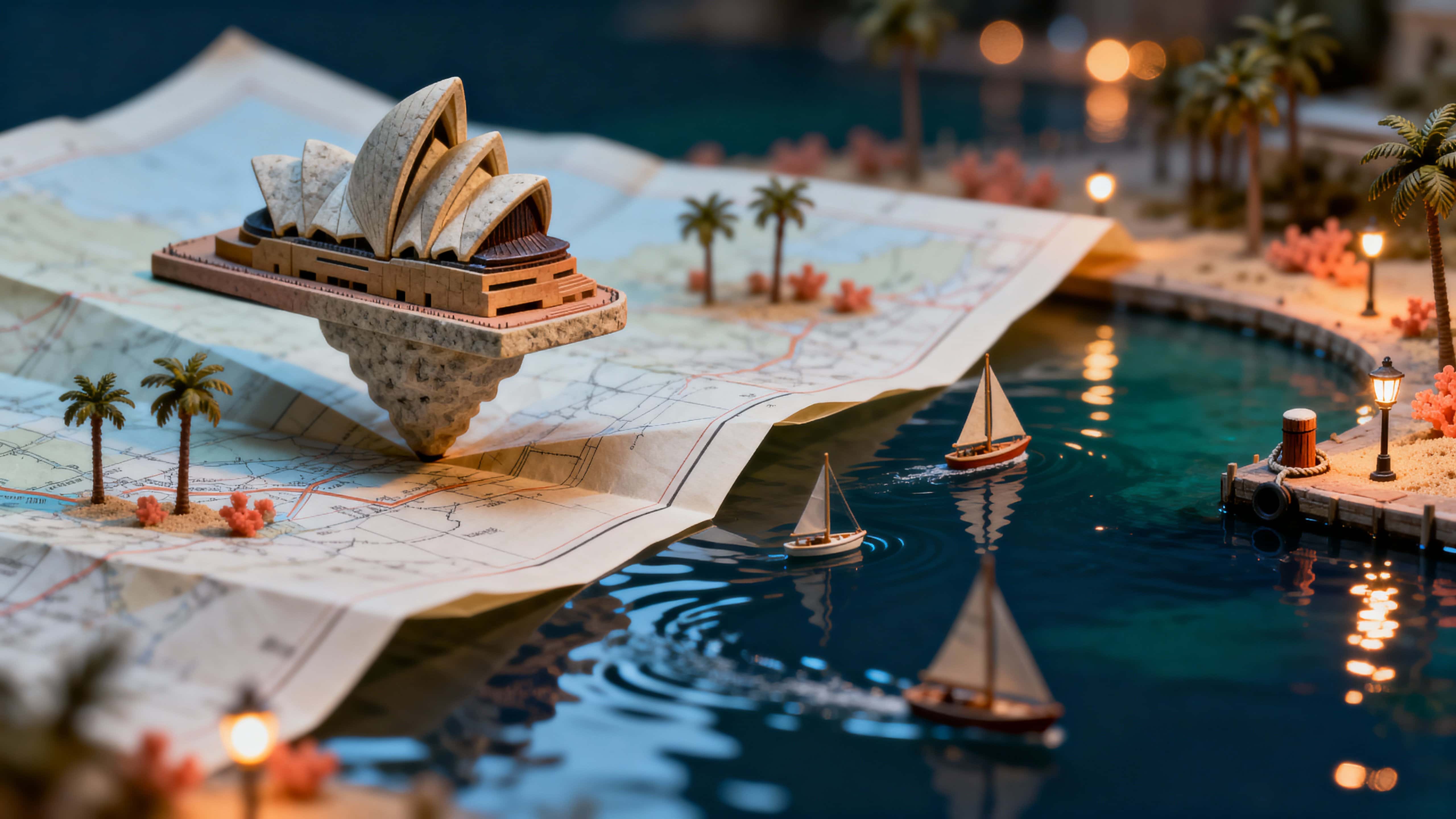 A miniature Opera House rises sculpturally from a paper map onto a glossy water plane, surrounded by tiny sailboats, small palm trees and warm harbor lights that suggest a calm nocturnal harbor scene.