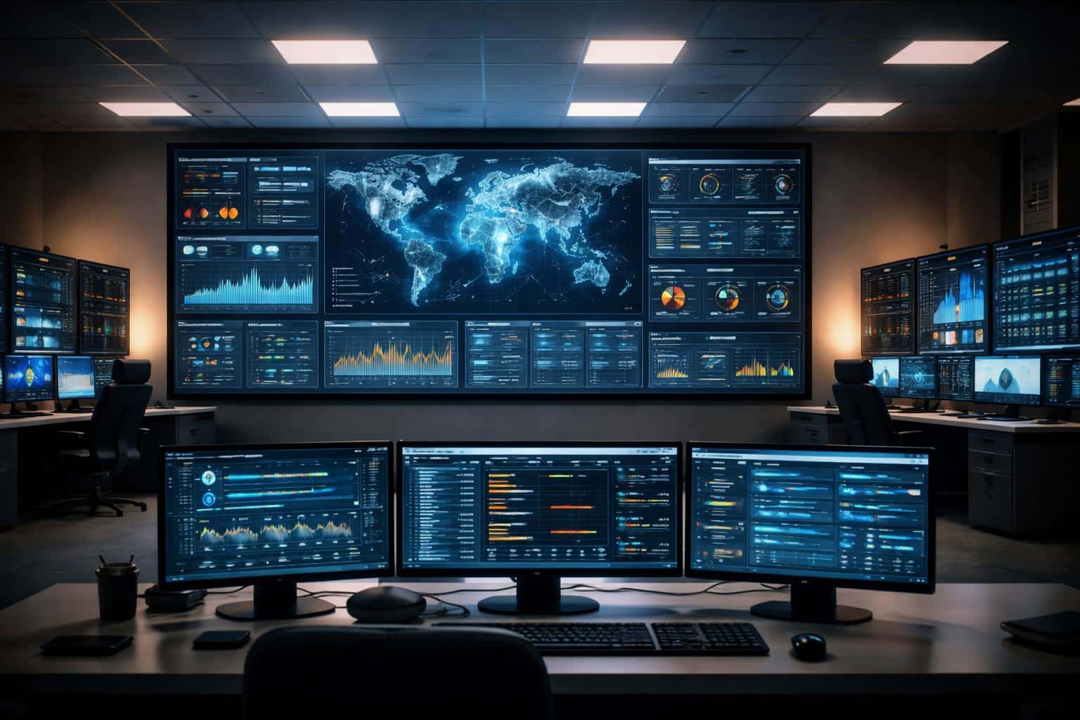 A 3:2 interior photograph of an operations dashboard room with a central video wall and softly glowing real-time KPIs, composed for background or wallpaper use.