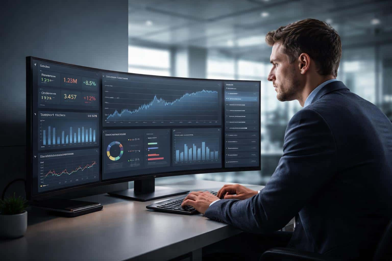 Operations manager at a curved multi-screen workstation photographed in editorial style with directional lighting, clear KPI dashboards and a 3:2 crop for social-post use.