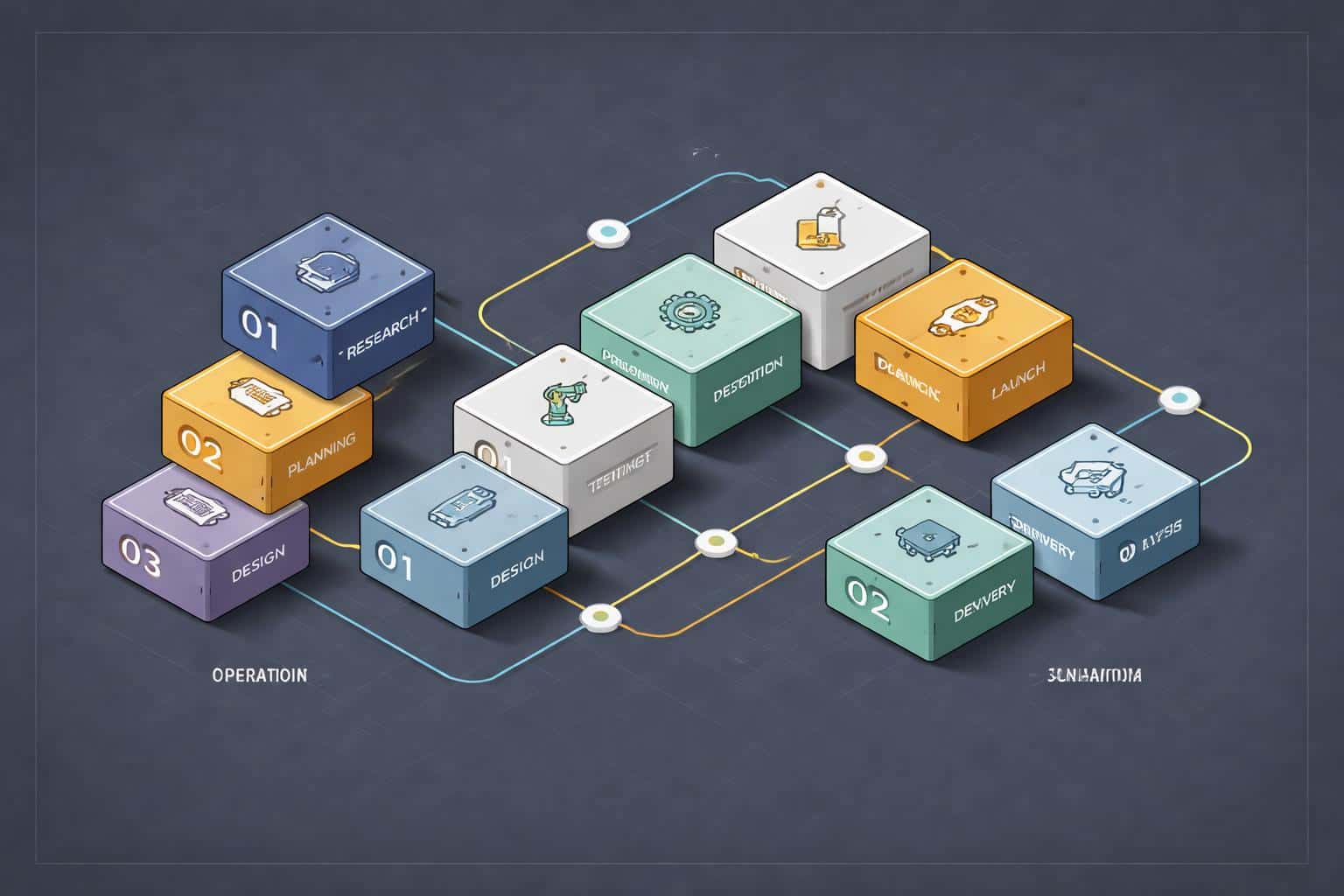 A clean isometric vector infographic of an operations planning table showing physical workflow blocks, labeled zones, clear connectors and 3:2 crop guidance for posters.