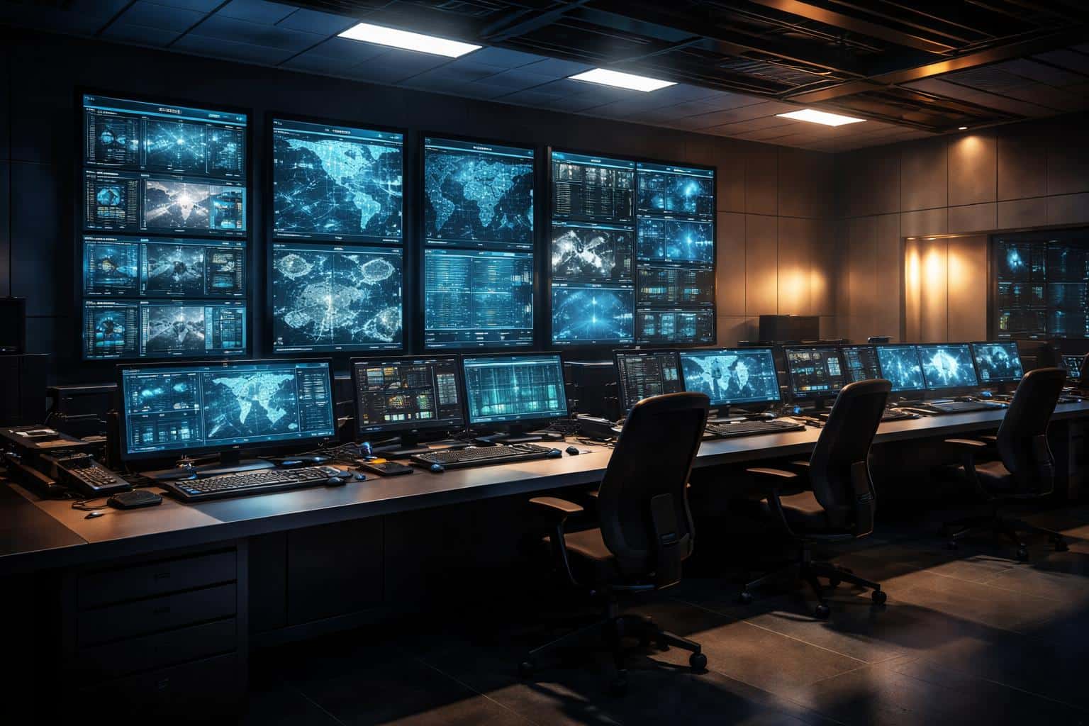 A cinematic 3:2 operations room interior photograph dividing the scene into deliberate light and shadow zones with crisp composition guidance for framing.