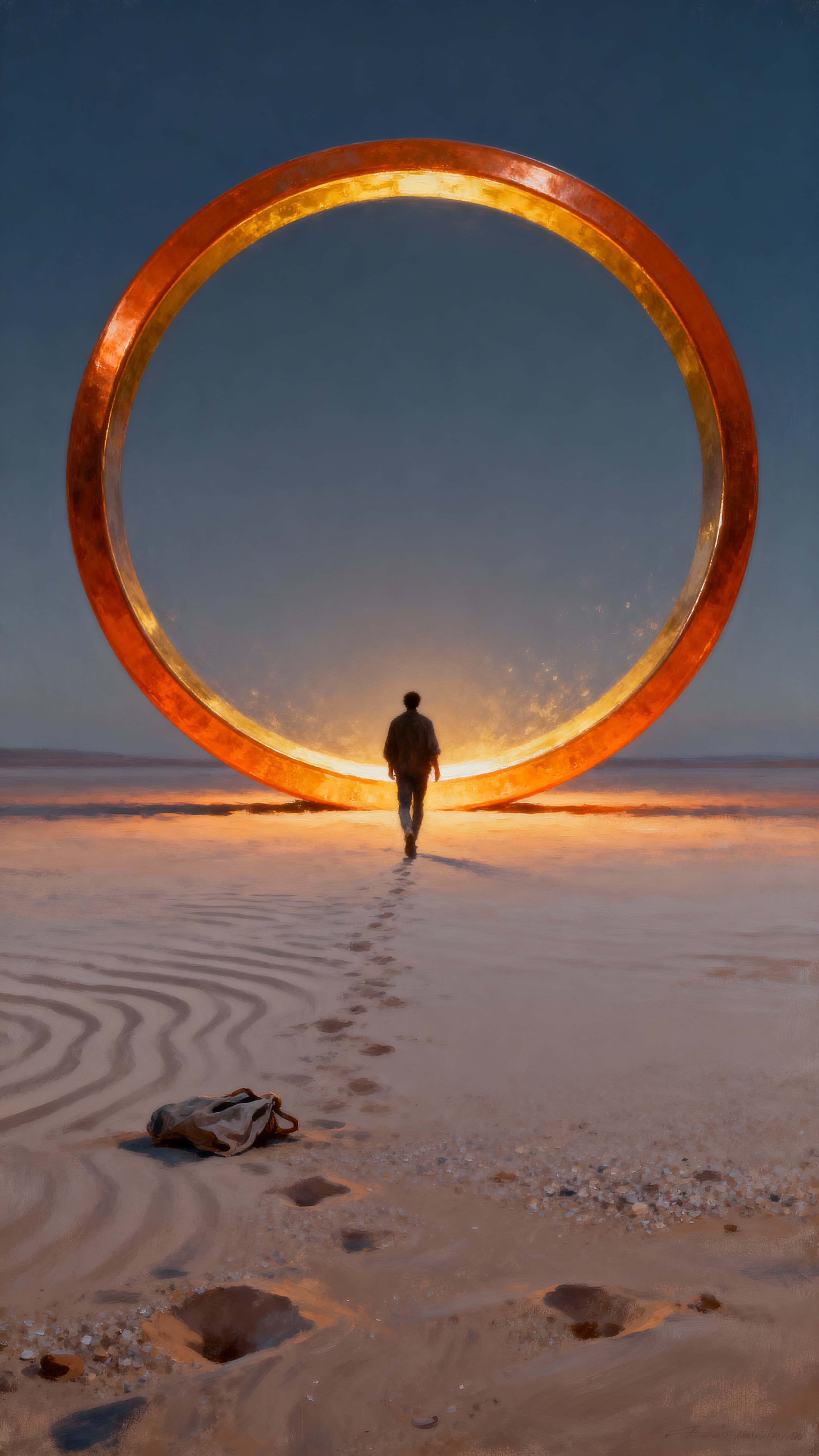 A circular orange-gold ring floats just above a still desert plain as a solitary figure walks toward its warm glow under a wide, quiet sky, framed in tall portrait orientation for a contemplative scene.