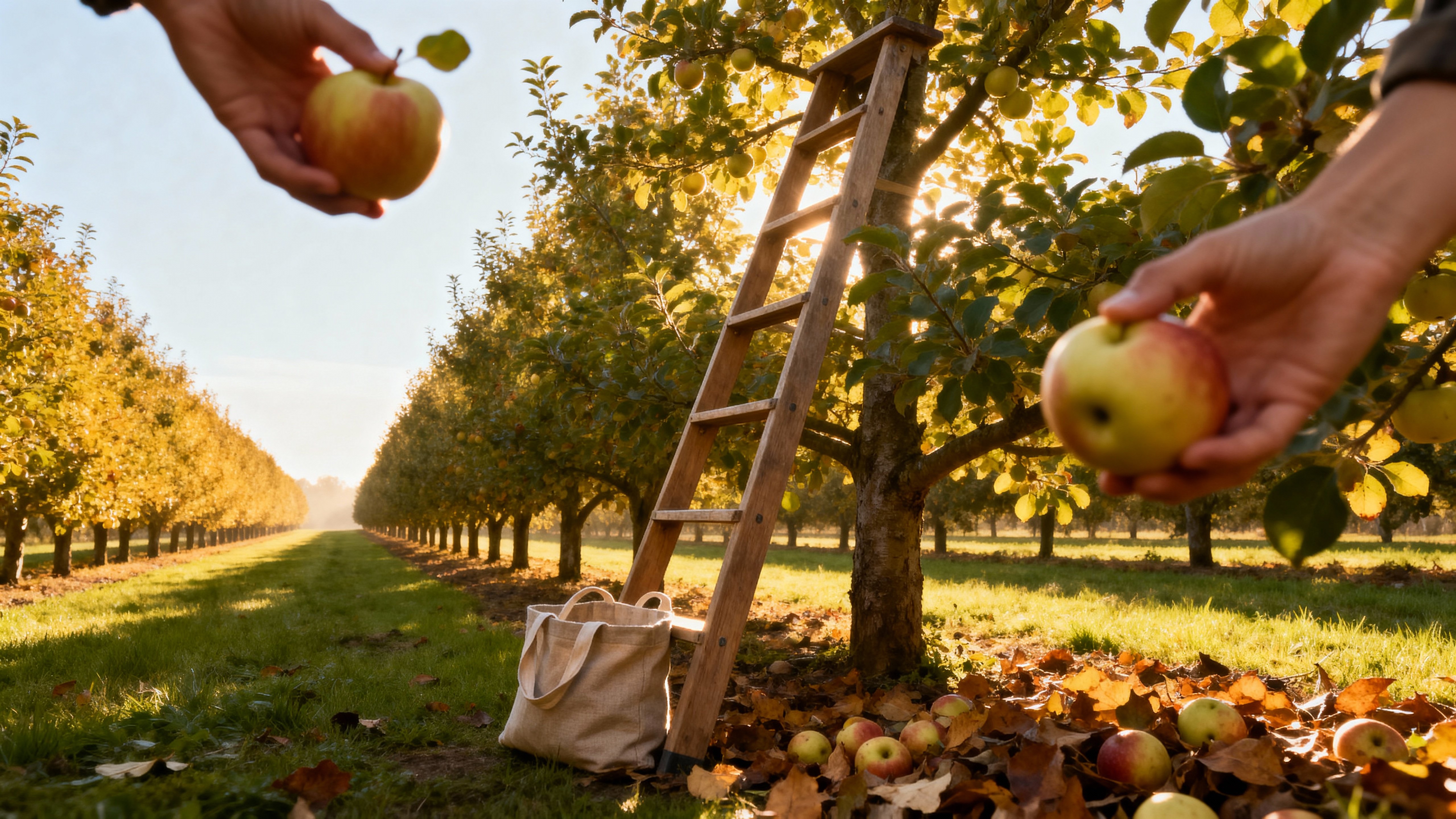 A tidy orchard row glows honey-gold as warm amber light wraps translucent leaves and crisp apple skin, with hands picking fruit, a leaning ladder, tote, and clear sky patch for text.