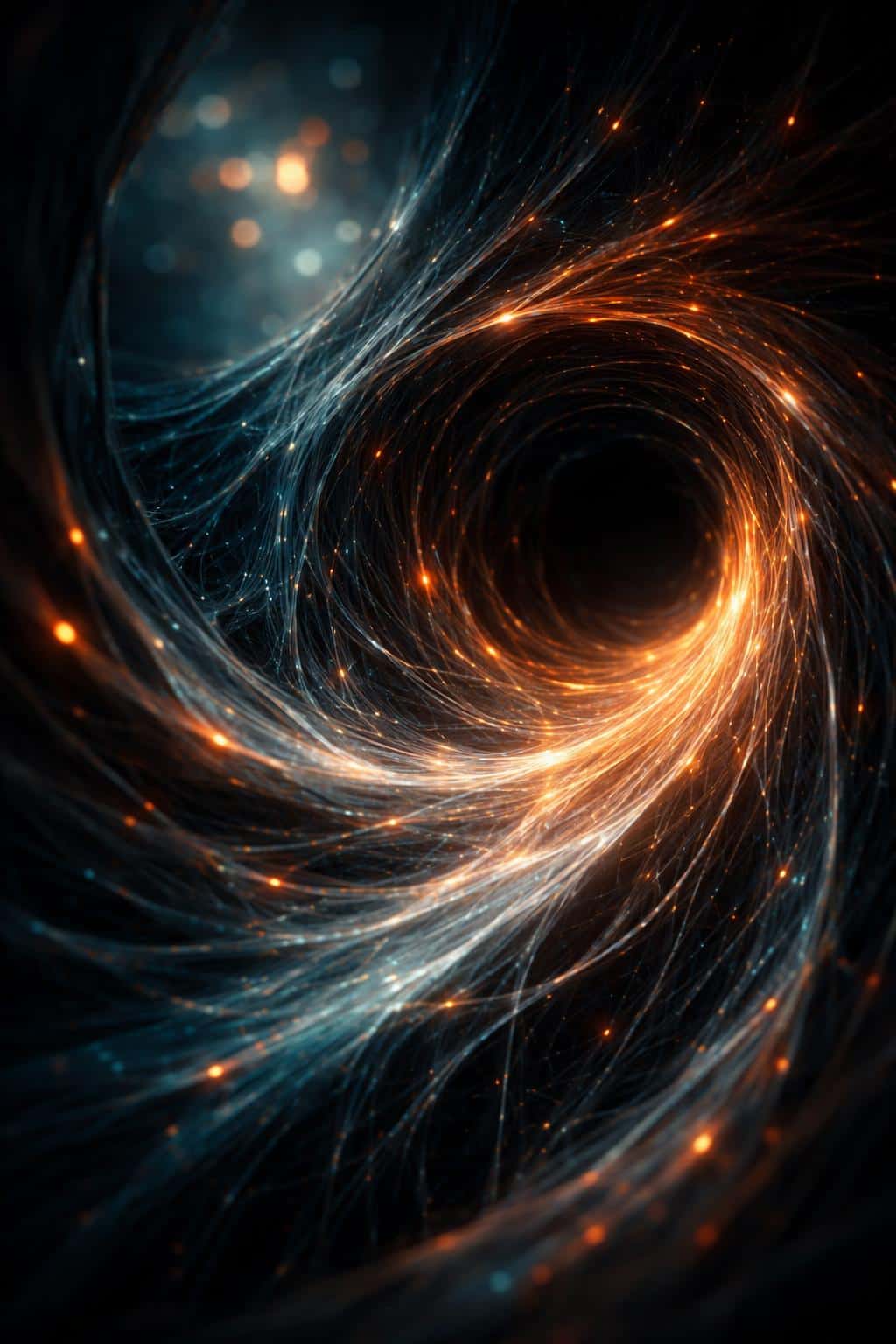 Close-up abstract of an organic tunnel made of flowing filament strands in a 2:3 vertical composition, photoreal digital style for wallpaper or poster use.
