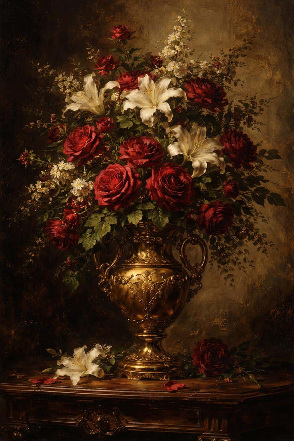 Vertical 2:3 classical oil painting of an ornate golden vase overflowing with deep red roses and white lilies on a dark wooden table with Rembrandt-like lighting.