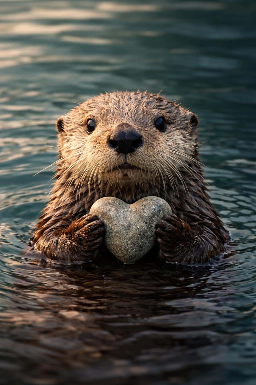 A close, naturalistic wildlife photograph of an otter clutching a stone in calm water, composed for a 2:3 portrait wallpaper with soft, cool tones and gentle highlights.