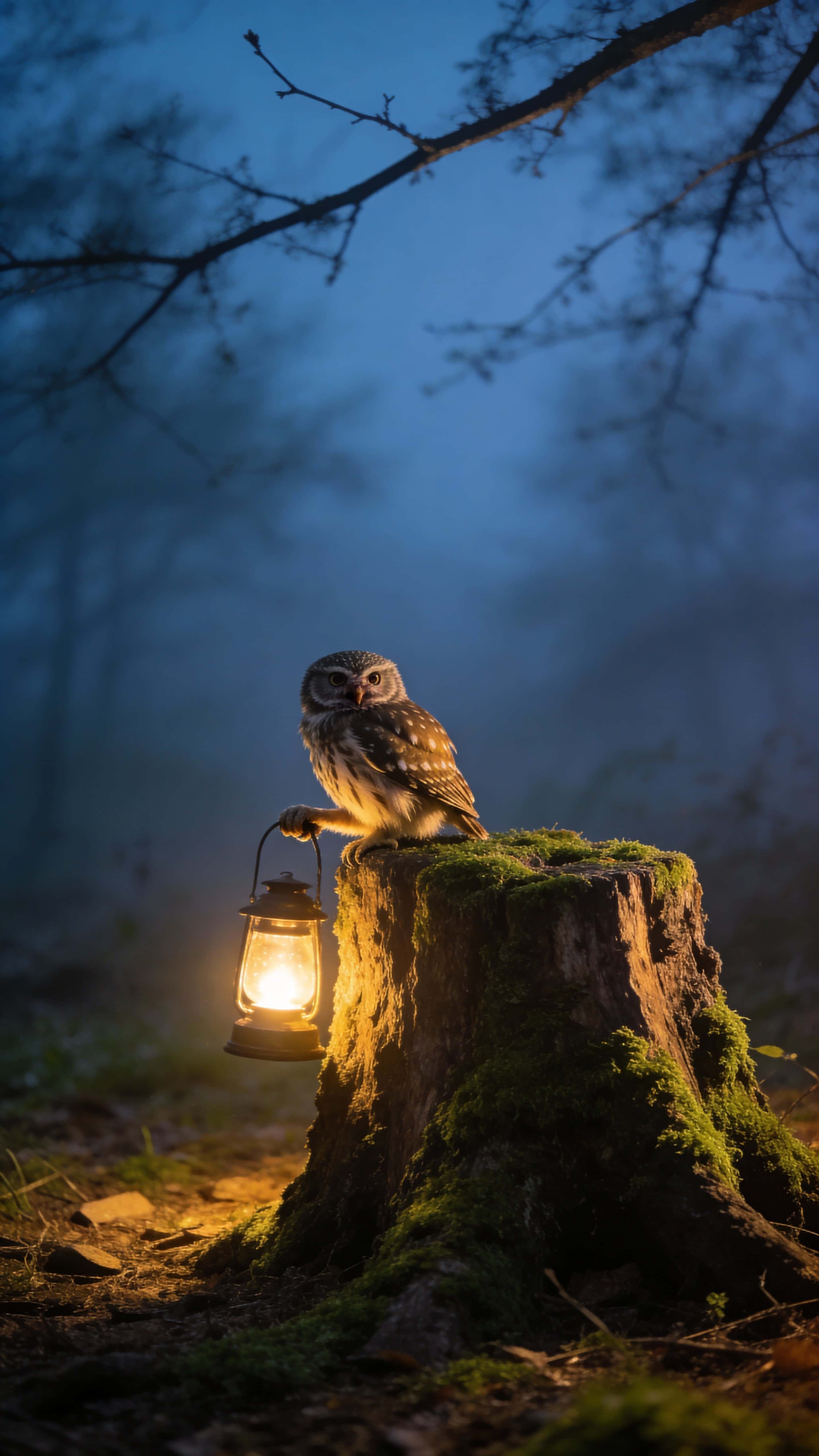 A small owl perched slightly left of center on a mossy stump grips a glowing lantern as realistic feathers shimmer under warm light while cool mist veils distant branches at night.
