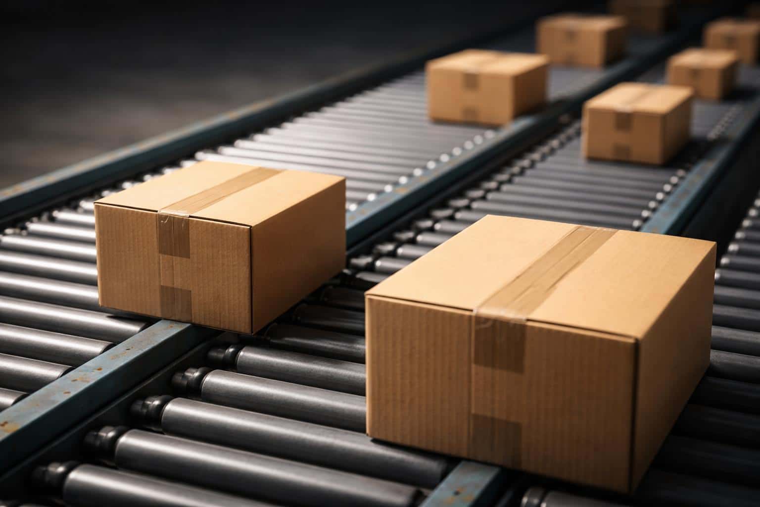 Close-view industrial photograph of cardboard packages moving on conveyor belts within a 3:2 frame, with directional lighting, tactile texture, and shallow depth for poster-cover use.
