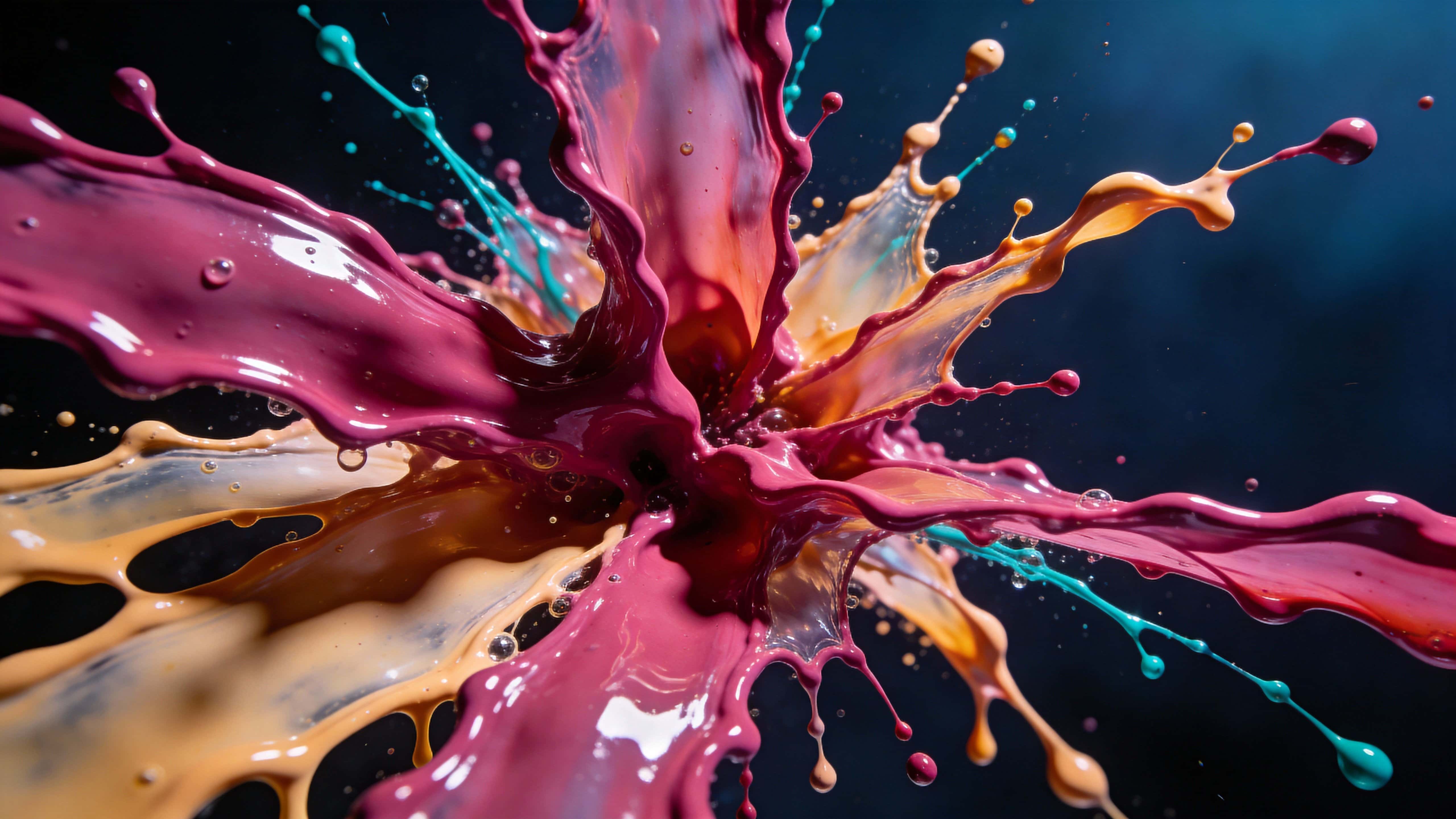 Abstract paint-splash explosion captured as bold abstract photography for a 16:9 wallpaper or poster, emphasizing motion, layered texture, and vivid color.