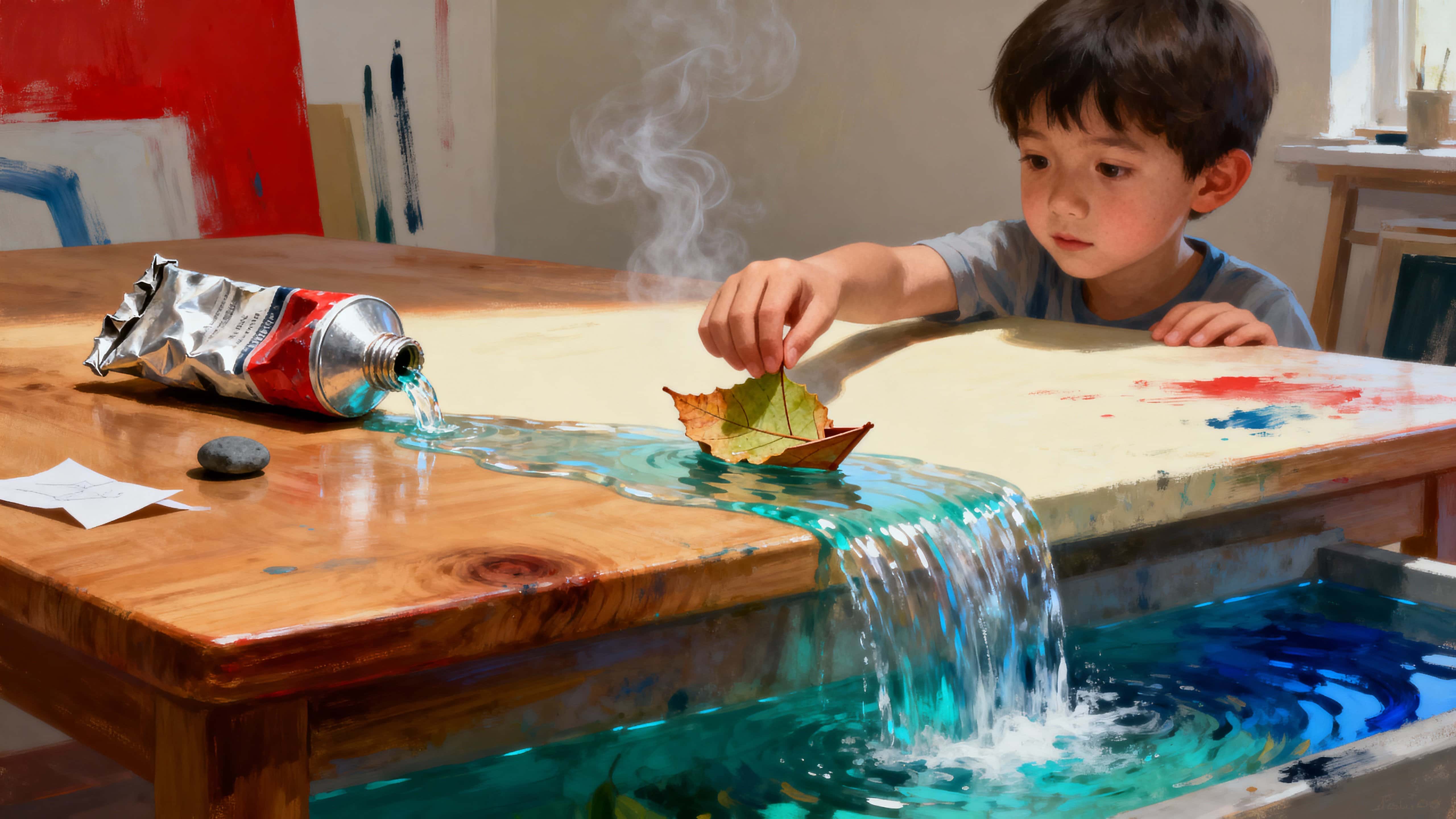 A crushed paint tube on a sunlit table spills a stream of real water that becomes a tiny waterfall where a child places a leaf boat and small fish dart among the flow.