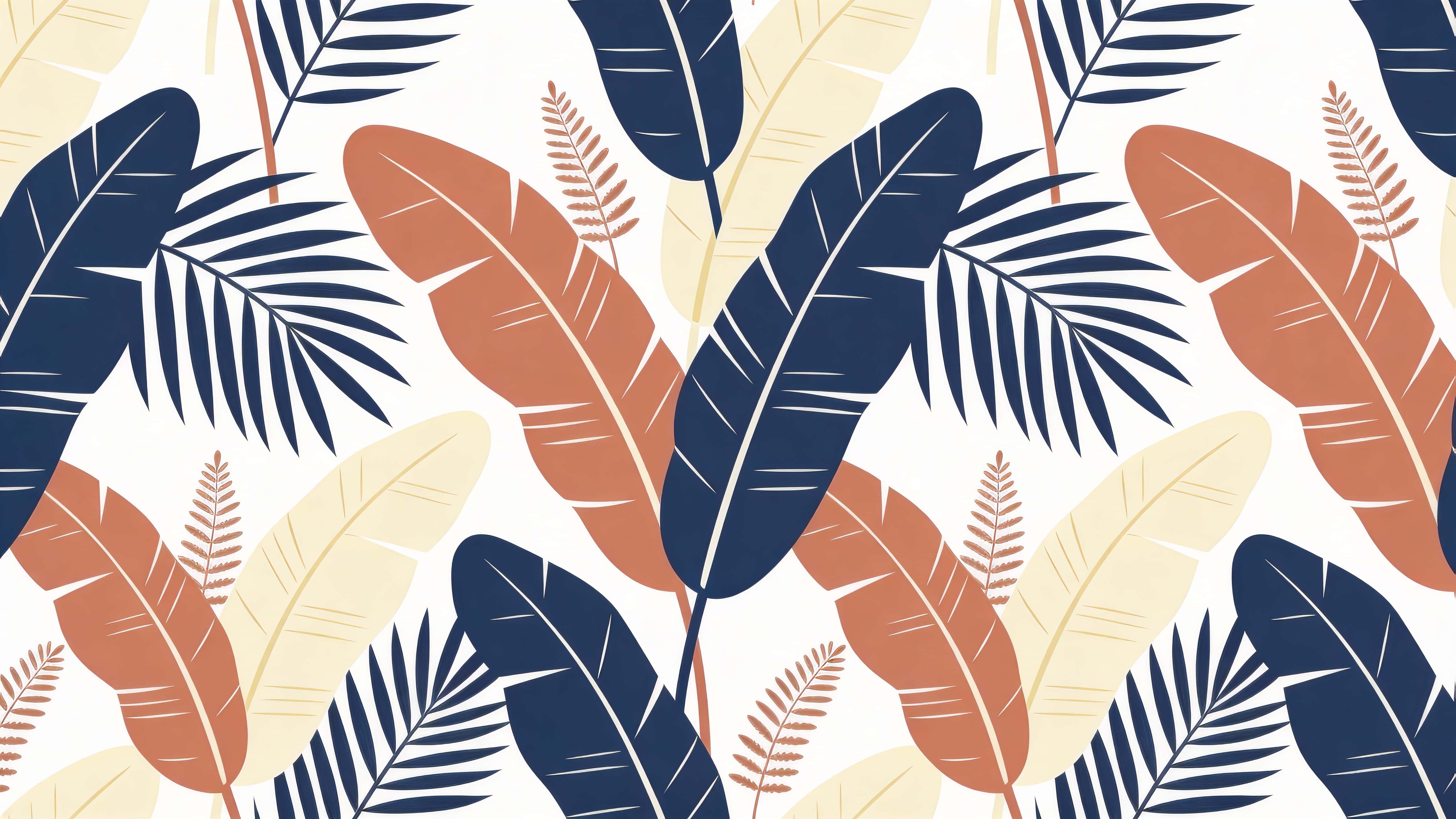 A seamless 16:9 surface pattern of simplified palm and banana leaves with small fern accents rendered as flat, overlapping shapes in dusky blue, cream, and muted terracotta with clean contours and a flawless vector repeat.