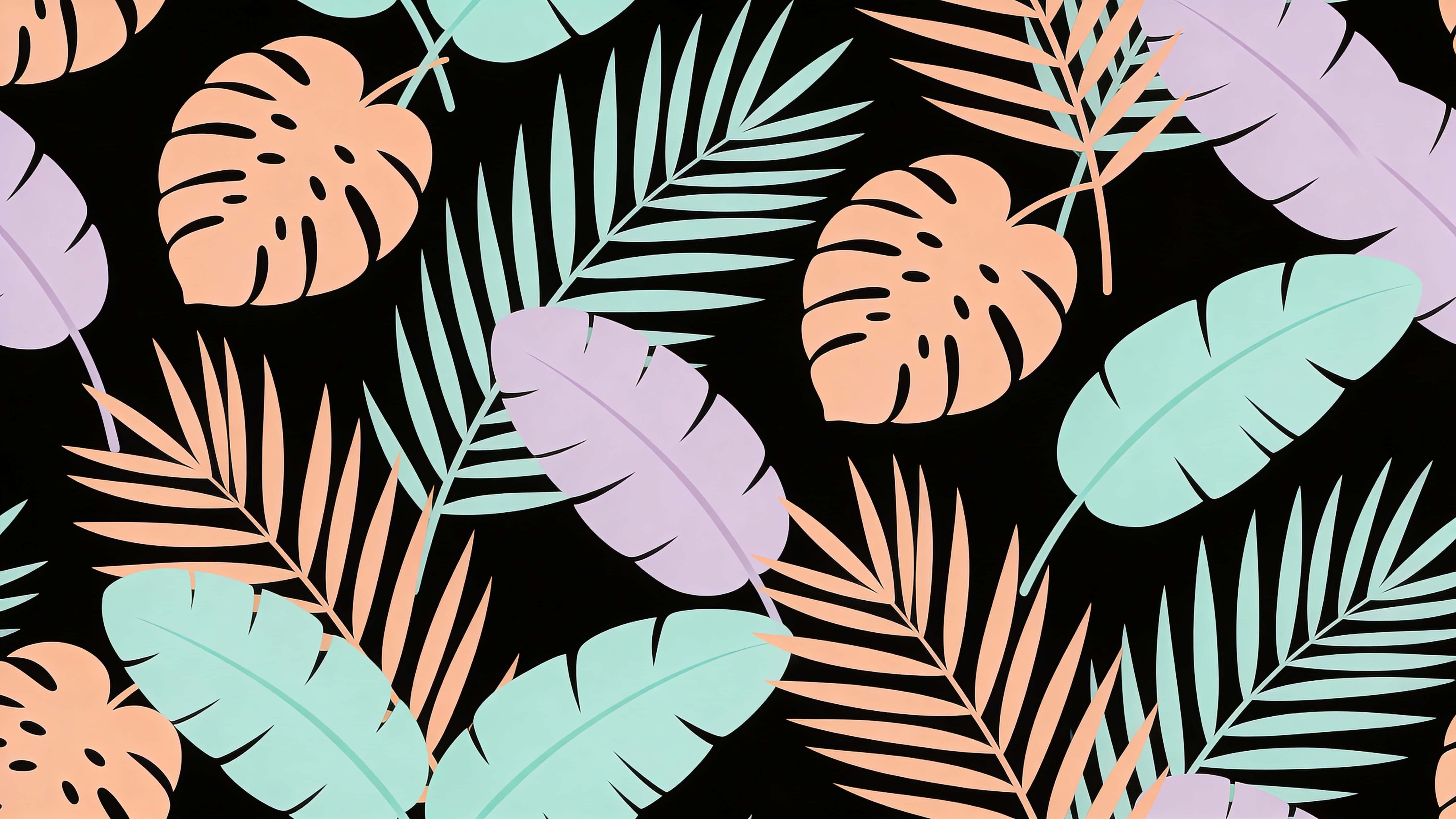 A seamless 16:9 repeat of slender palm and rounded banana leaves as smooth flat silhouettes in mint, peach and pale lavender on a charcoal backdrop, flowing diagonally with subtle shifts.