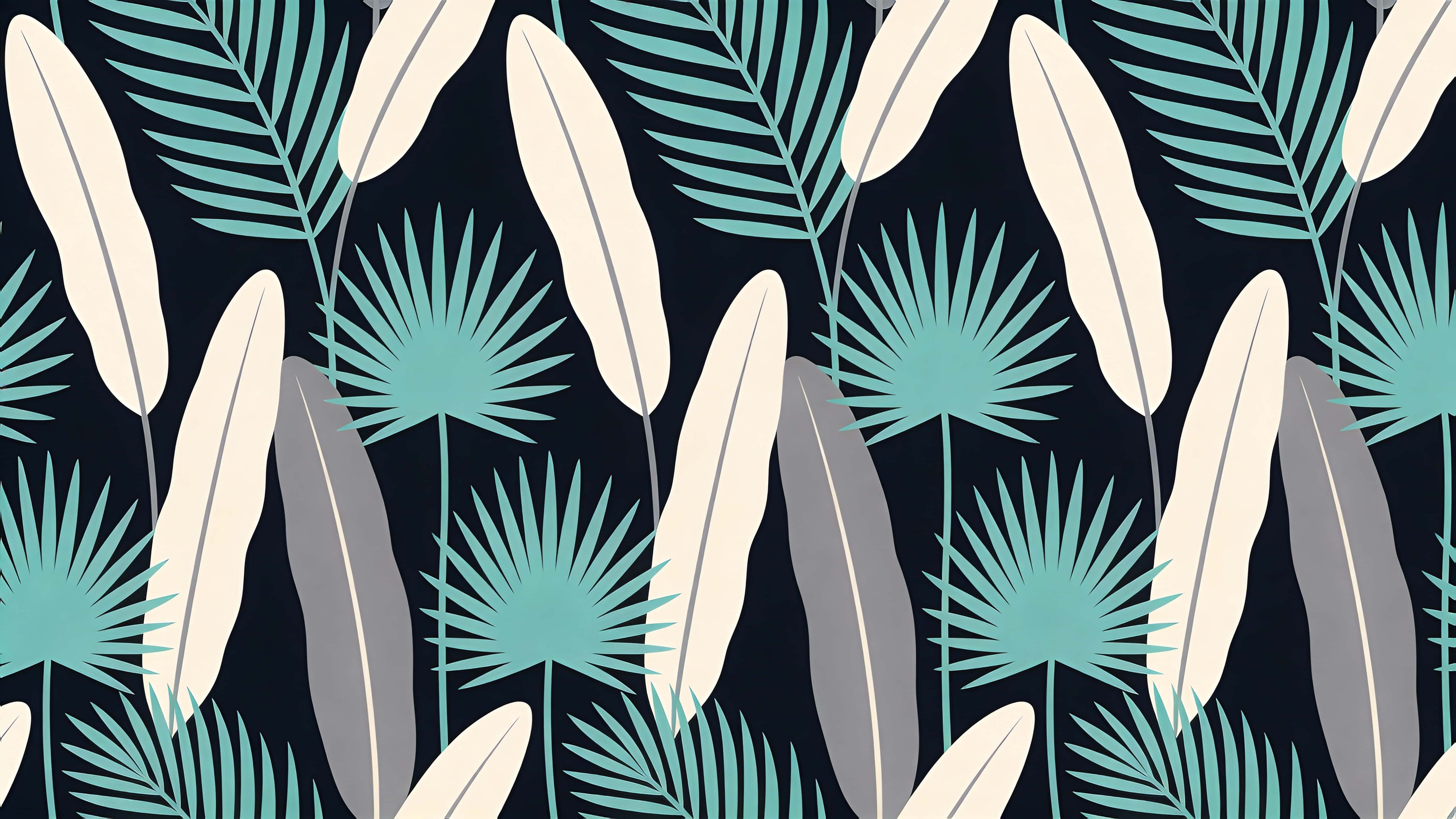 Clustered palm fronds and elongated leaf blades simplified into balanced silhouettes in soft aqua, stone gray, and pale beige on a midnight backdrop, flat and seamless, arranged in a gentle wave across a 16:9 repeat with consistent spacing,