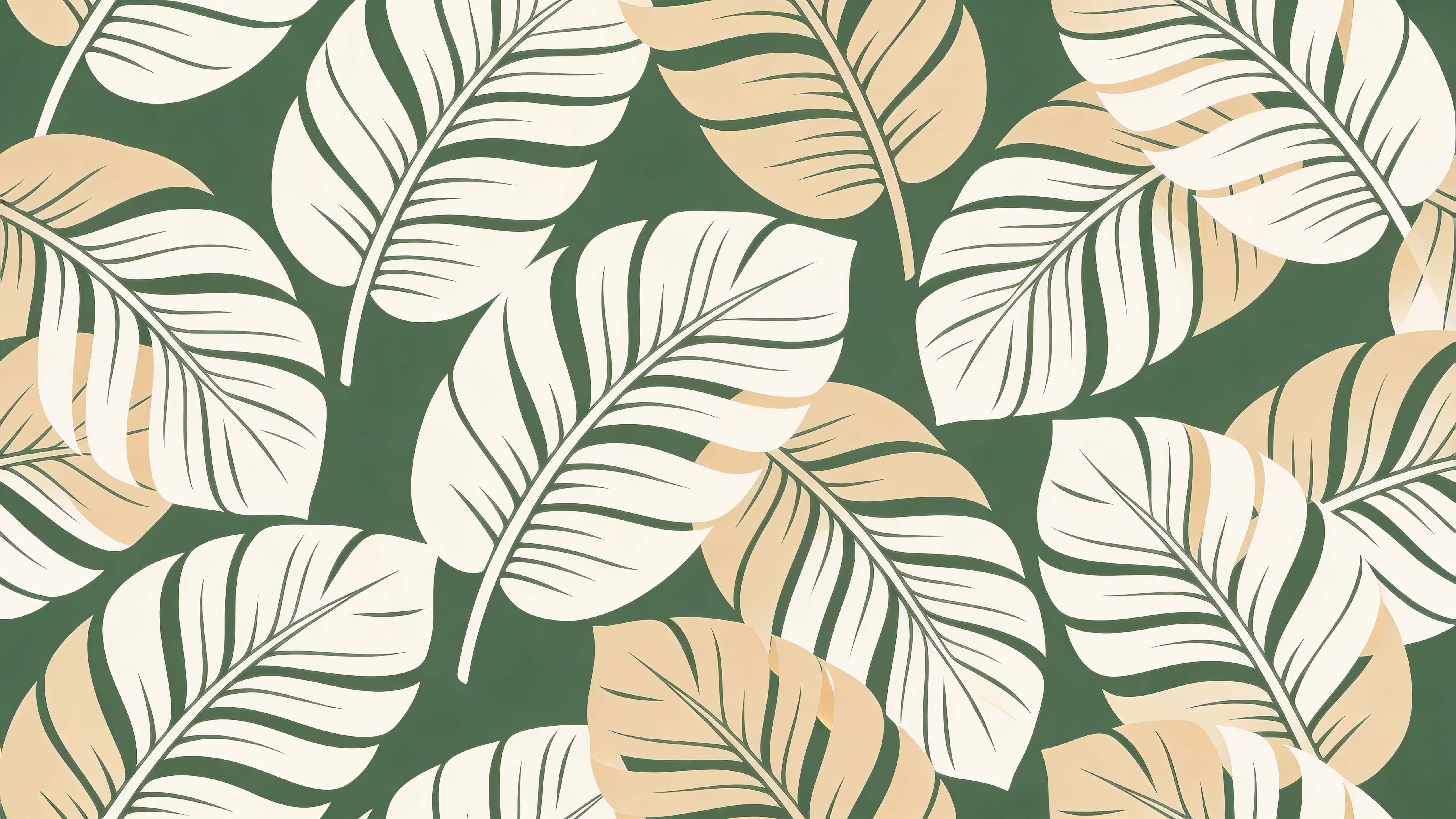 Seamless 16:9 botanical pattern of flat palm leaves as bold smooth silhouettes in soft beige and off-white set against muted forest green, repeating evenly with alternating orientations.