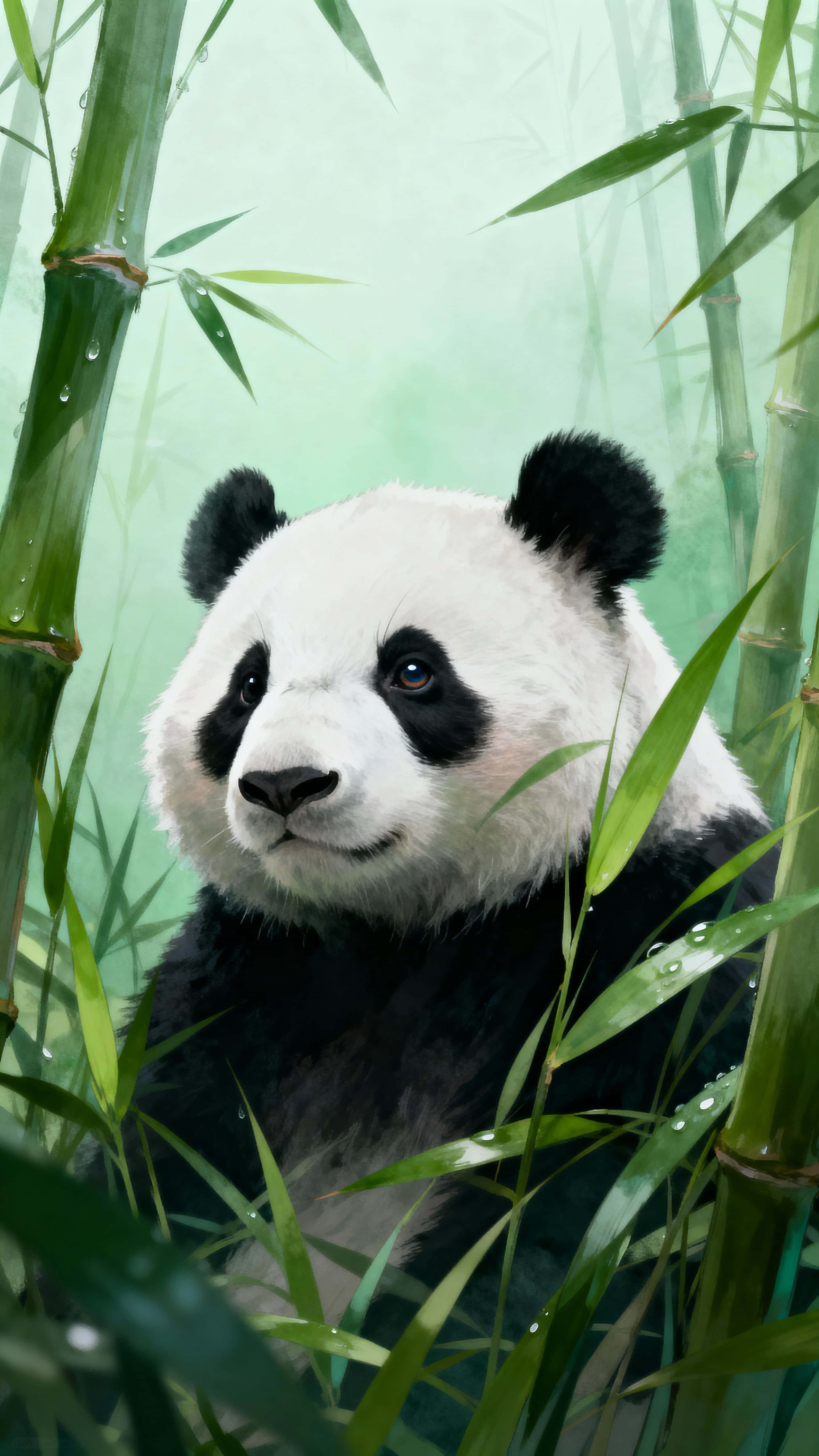 A panda face peers through tall bamboo-like grass in a pale green mist, soft verdant light and layered stalks create a calm, minimal wallpaper composition in a 9:16 crop.