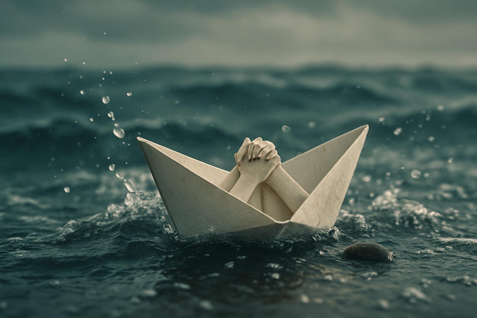 A single fragile paper boat navigates churning, wind-whipped waters, its thin seams holding a small cluster of joined hands — a delicate emblem of unity against tumult. The scene contrasts tender vulnerability with restless, dramatic motion, framed like a contemplative landscape photograph.