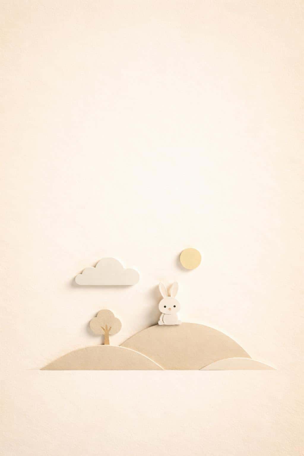 Portrait paper canvas with warm cream-to-beige wash and visible fibers, showing a minimalist paper-cut relief in the lower third with hill, cloud, sun, tiny tree, and bunny.