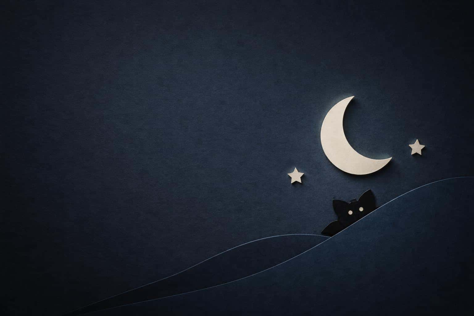 Minimal paper-cut night scene on a 3:2 midnight-navy textured background with a crescent moon, one hill layer, two star cutouts and a tiny bat silhouette peeking, crisp edges and soft shadows.