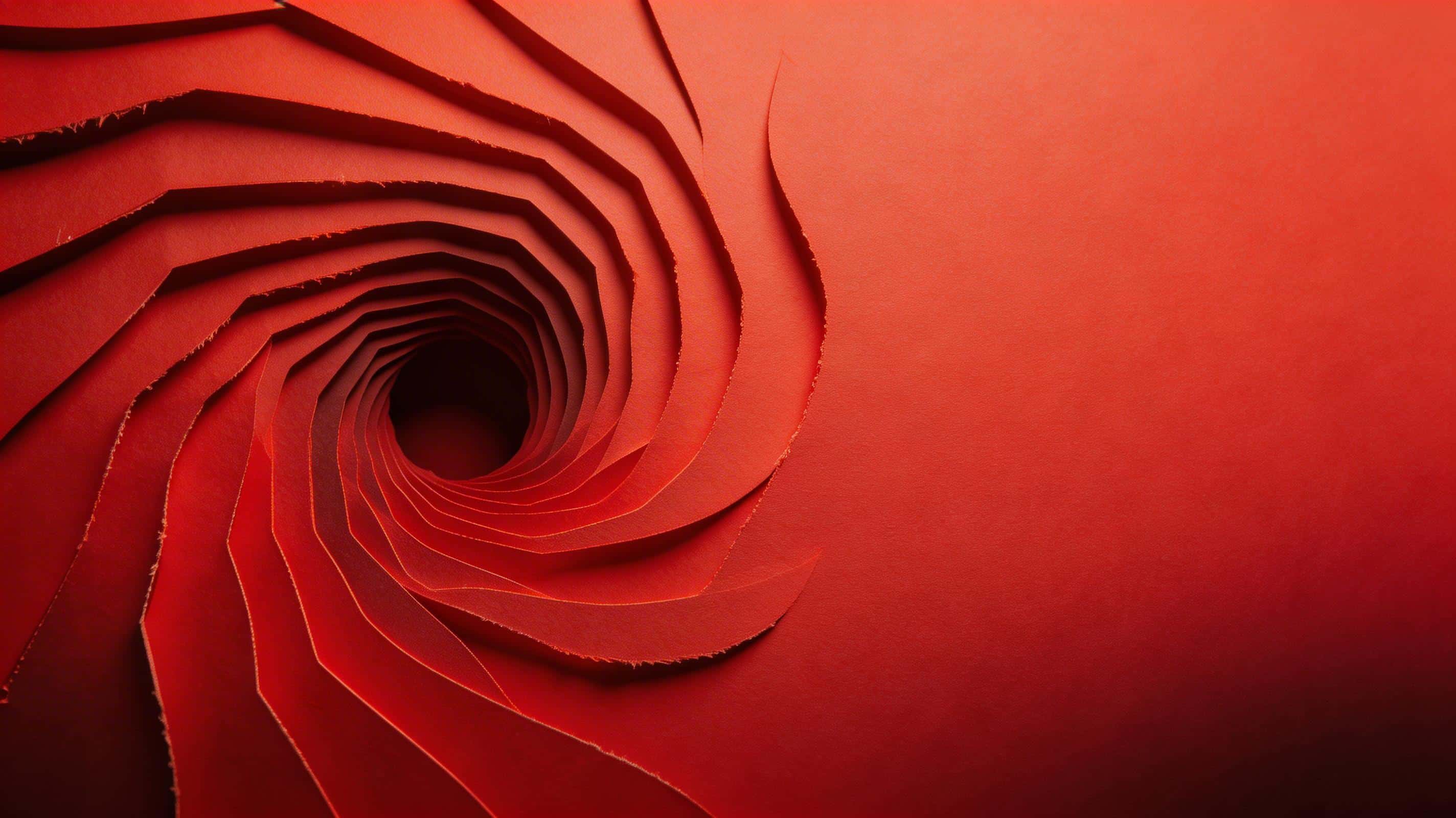 A 16:9 paper-cut layered relief in matte crimson with 12–20 precise stacked layers forming a flowing abstract canyon vortex off-center with broad clean negative space.