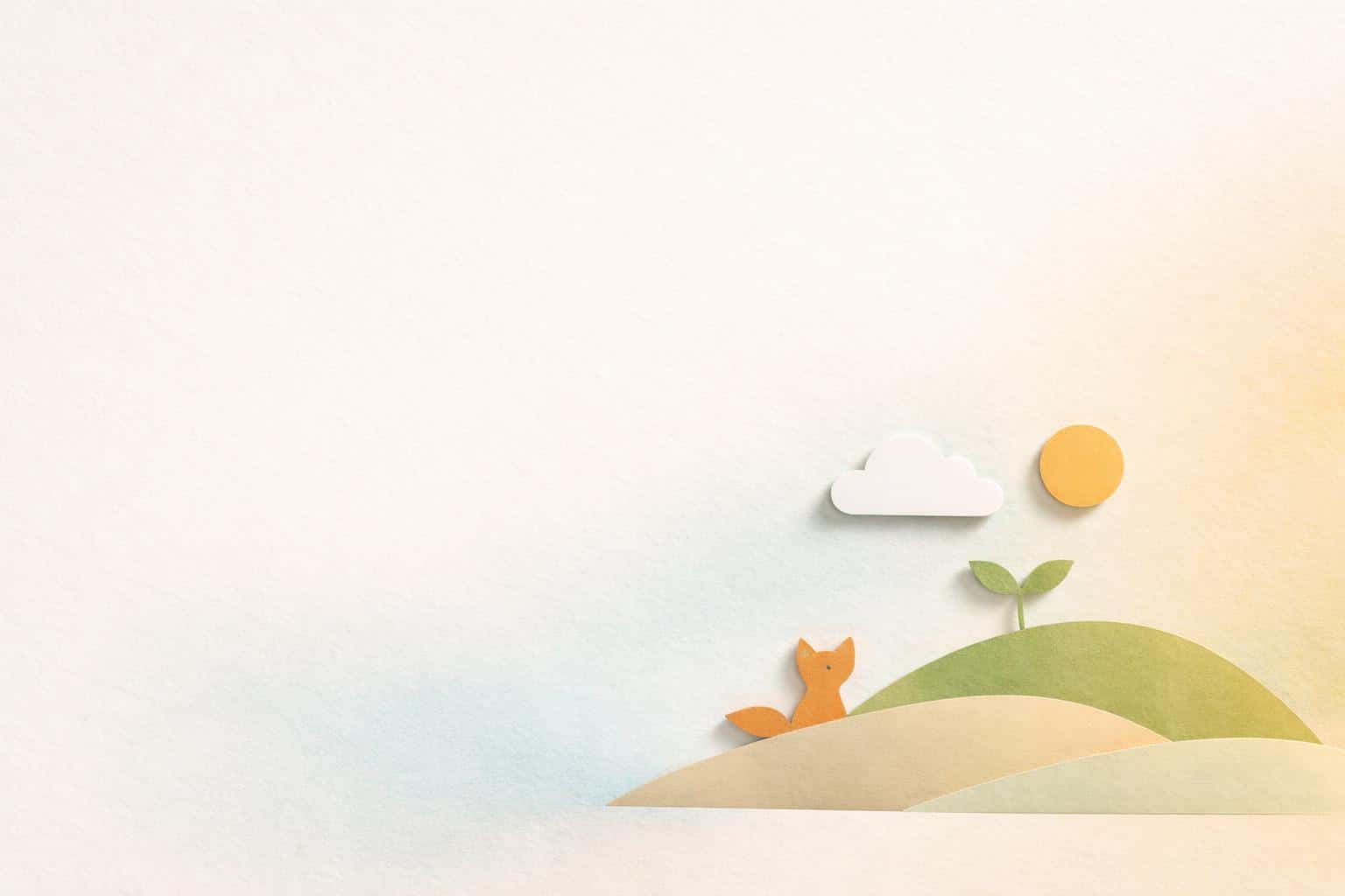 Minimal 3:2 paper-textured composition with off-white cool-to-warm gradient, broad left negative space, and a right-bottom layered cardstock relief of hill, cloud, sun, sprout, and tiny fox.