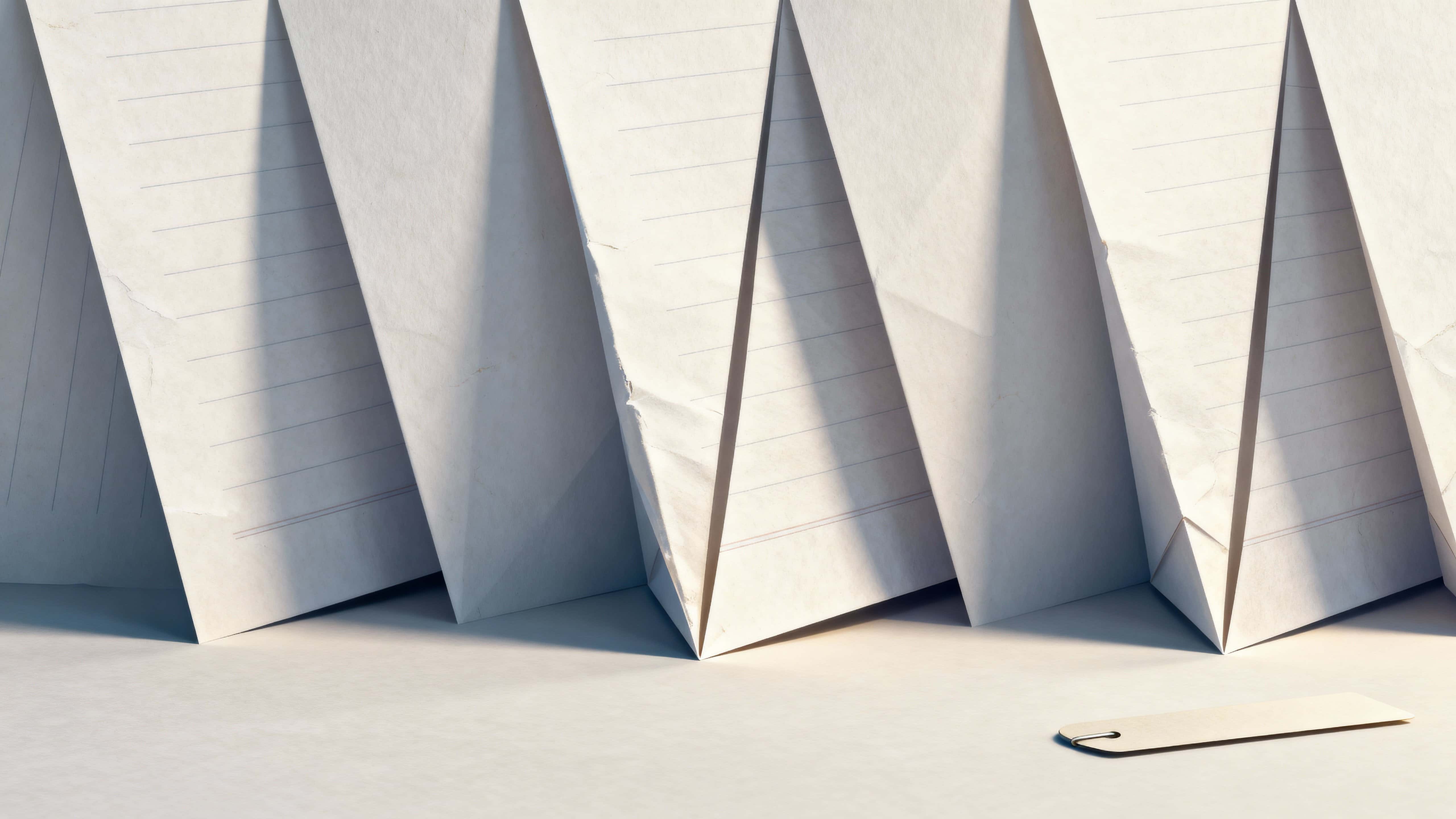 Minimal paper-fold pattern background designed for a 16:9 frame, showing subtle creases and soft highlights that create gentle depth and abundant neutral negative space for overlays and UI.