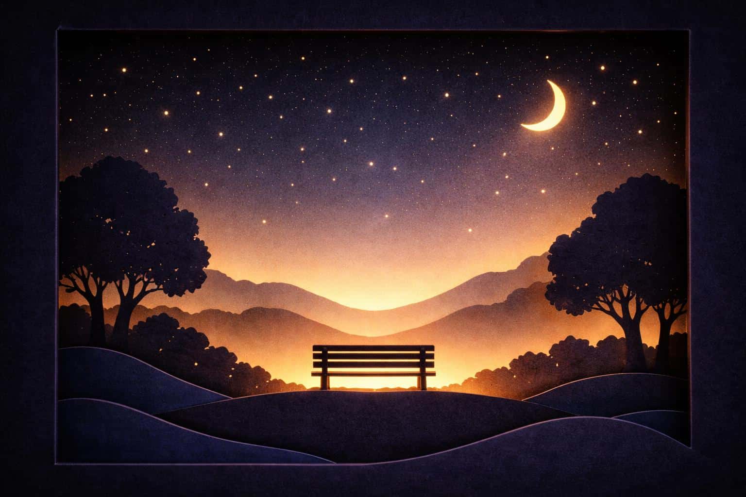Photorealistic 3:2 horizontal paper shadowbox with silhouetted indigo hills and a park bench against a deep matte starry sky, warmed by a dramatic golden backlight and subtle fiber edges.