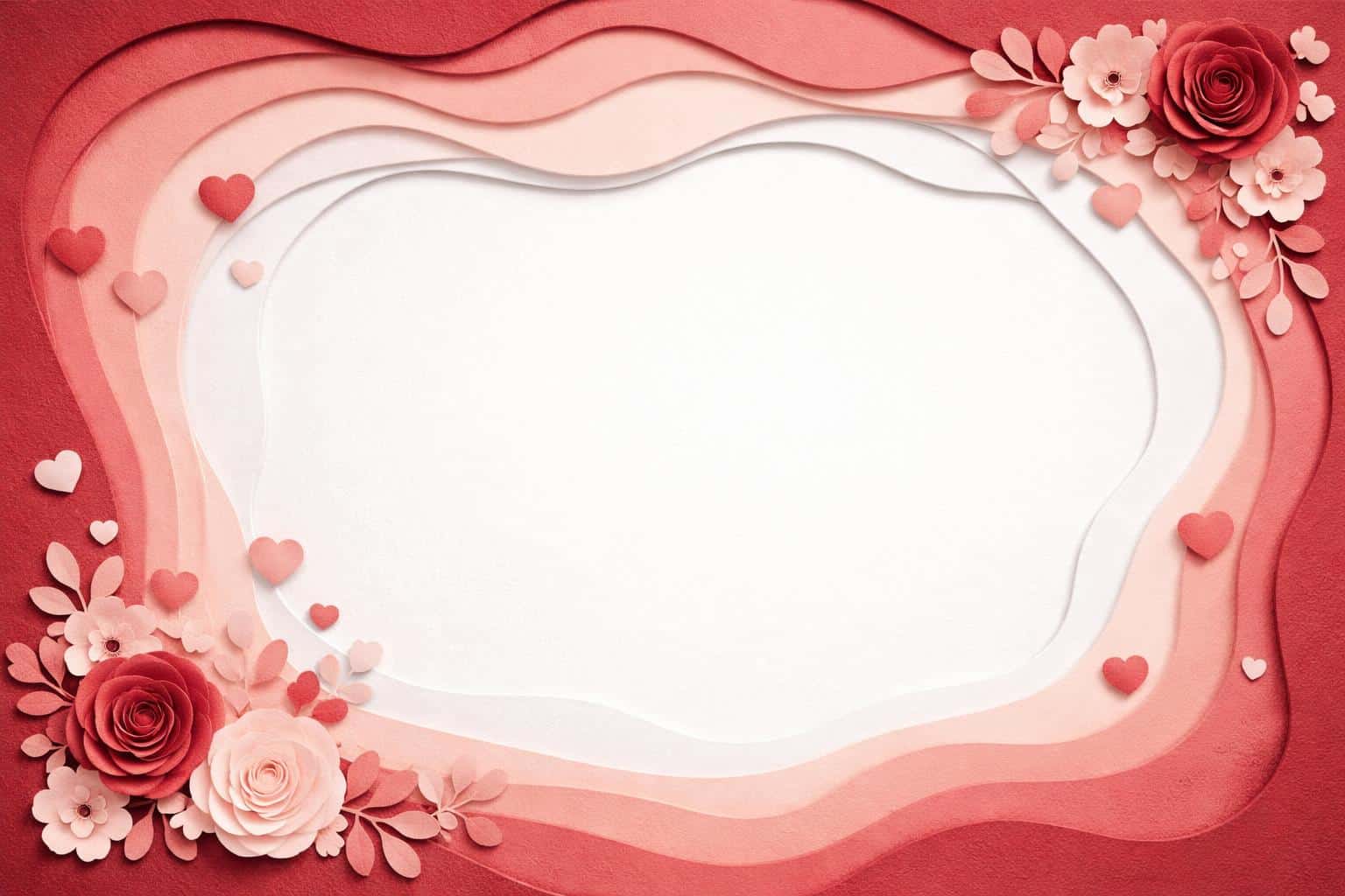 Layered papercut-style 3:2 landscape with concentric textured-paper frames shifting from deep crimson to blush around a central void reserved for text.