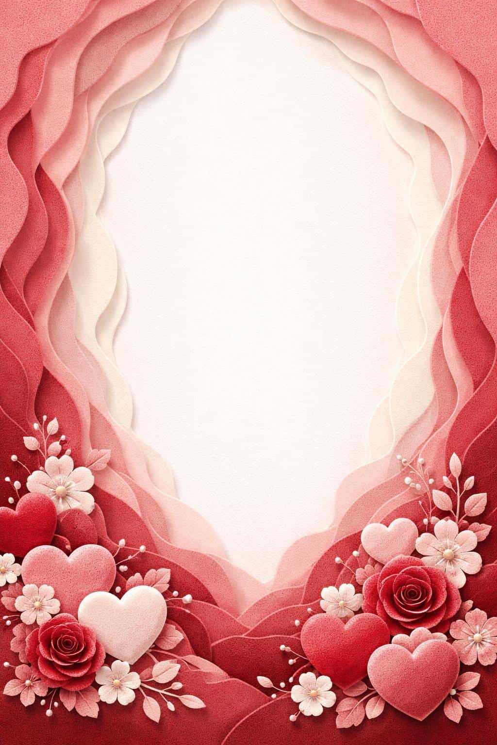 Vertical 2:3 papercut card with concentric textured paper layers shifting from deep crimson at the bottom to blush pink and pale cream at the top, clustered hearts and florals at the bottom corners, and a tall central space reserved for text.