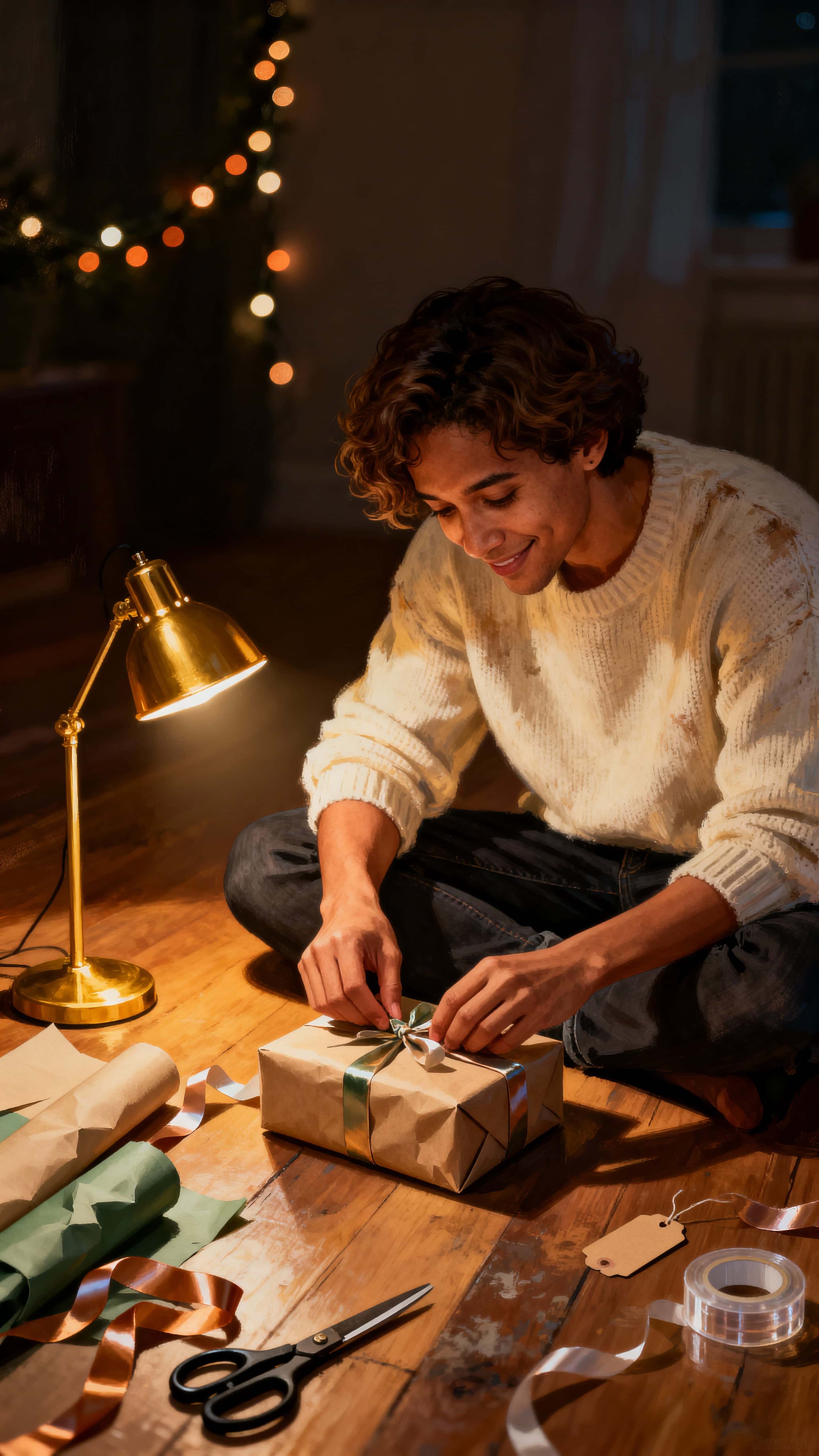 Realistic vertical scene of a parent secretly wrapping presents at night in a warm, dimly lit room, soft golden lamp light, scattered wrapping materials, cozy mood.