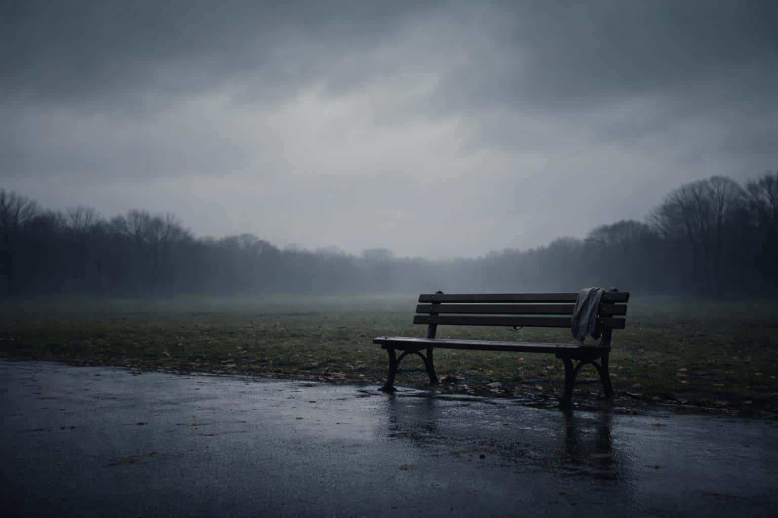 A 3:2 cinematic widescreen photo of an off-center empty park bench after rain, with damp leaves on the slats or a small forgotten scarf, soft fog, and a heavy overcast sky for quiet stillness.