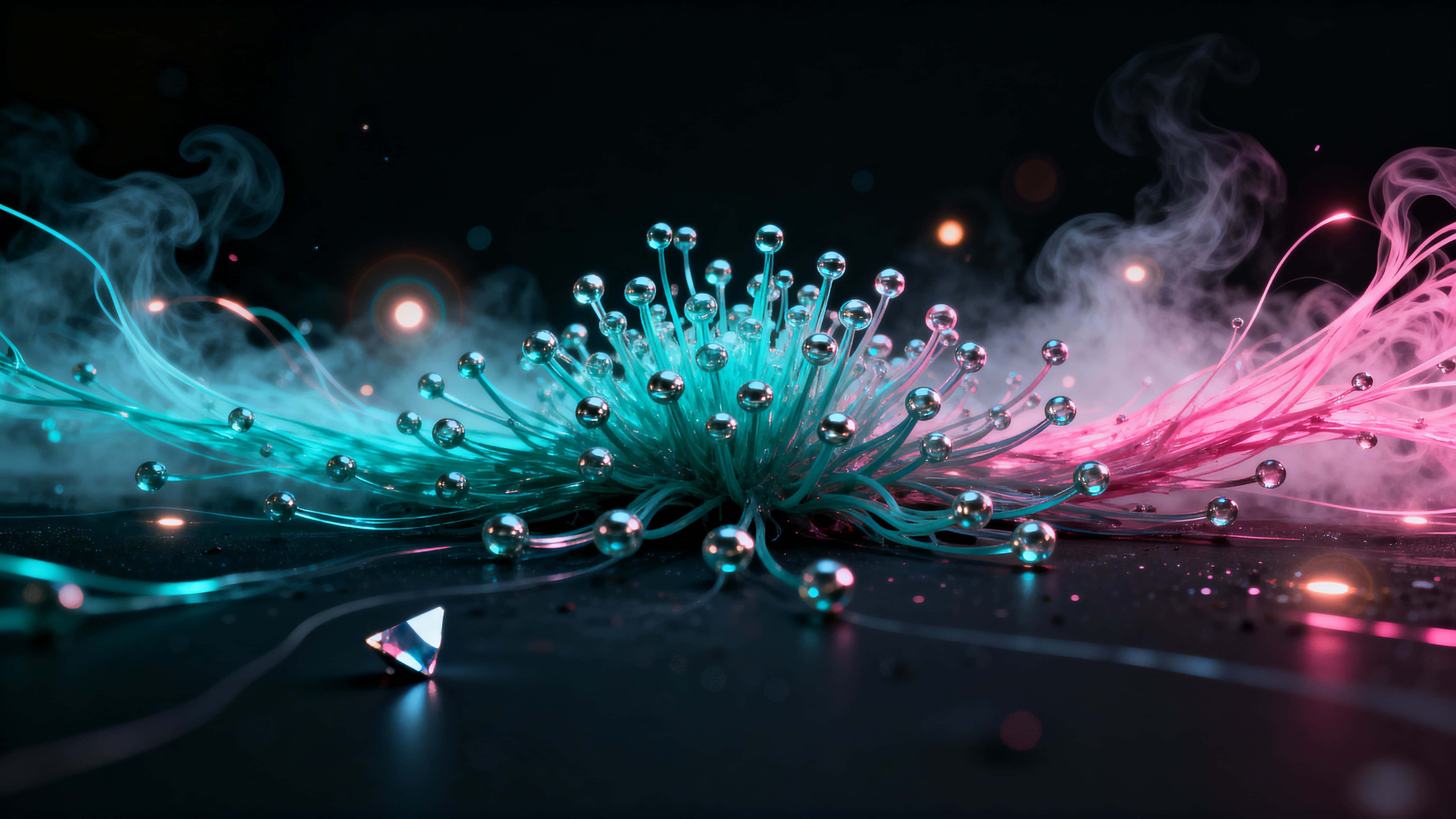 A futuristic particle bloom on a deep near-black canvas where cyan and pink tendrils glow and spread outward in delicate filaments across a cinematic 16:9 frame, creating a sense of expansion and mystery.